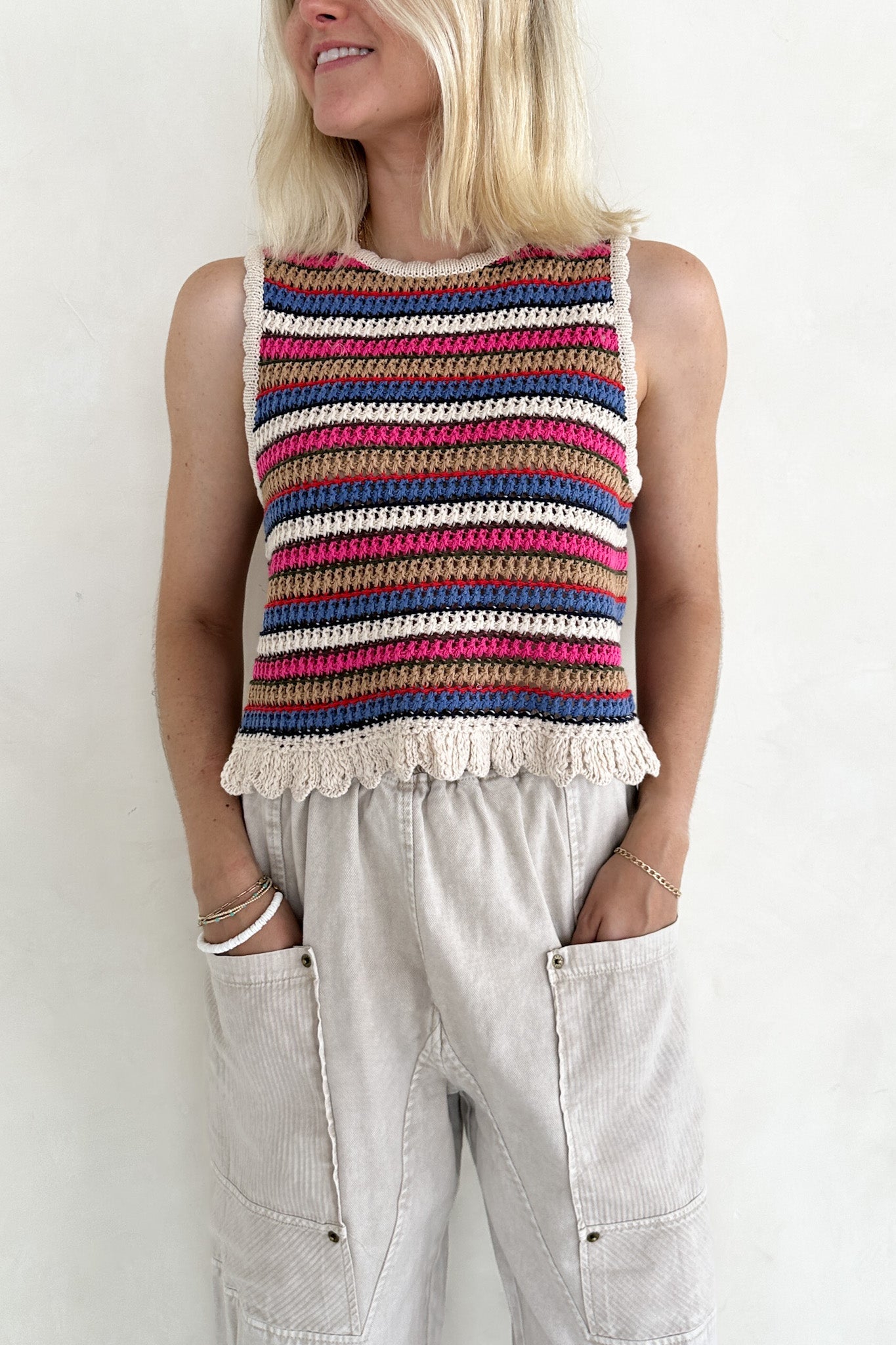 Margaux Rainbow Stripe Crochet Knit Top - Neutral Ground