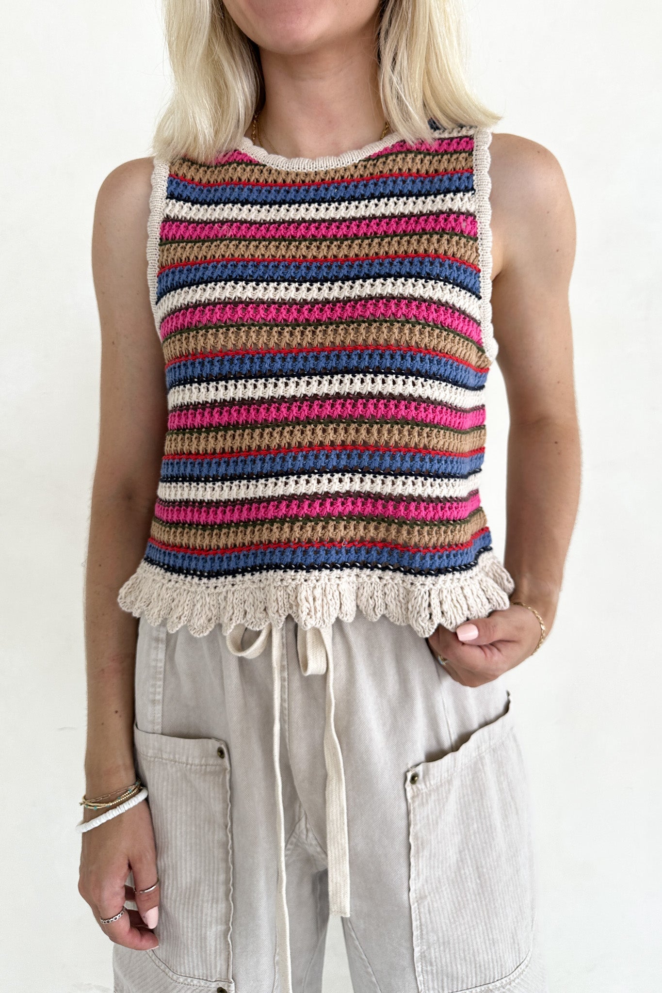 Margaux Rainbow Stripe Crochet Knit Top - Neutral Ground