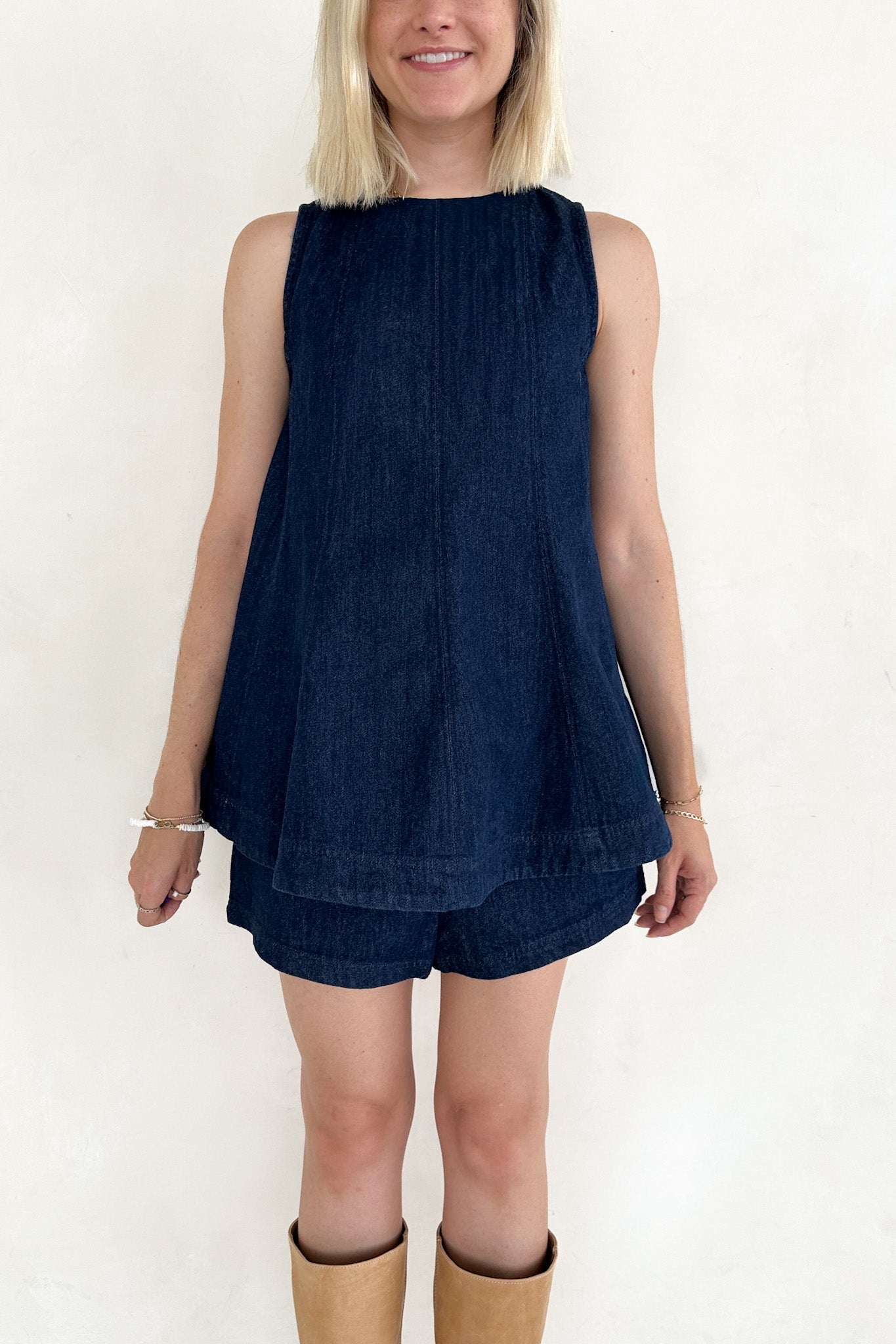 Maritime Dark Wash Denim Elastic Waist Shorts - Neutral Ground
