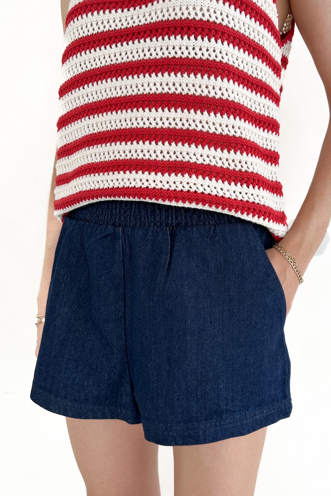 Maritime Dark Wash Denim Elastic Waist Shorts - Neutral Ground