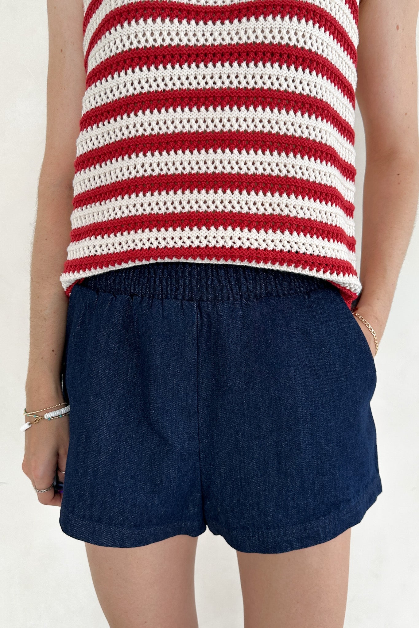 Maritime Dark Wash Denim Elastic Waist Shorts - Neutral Ground