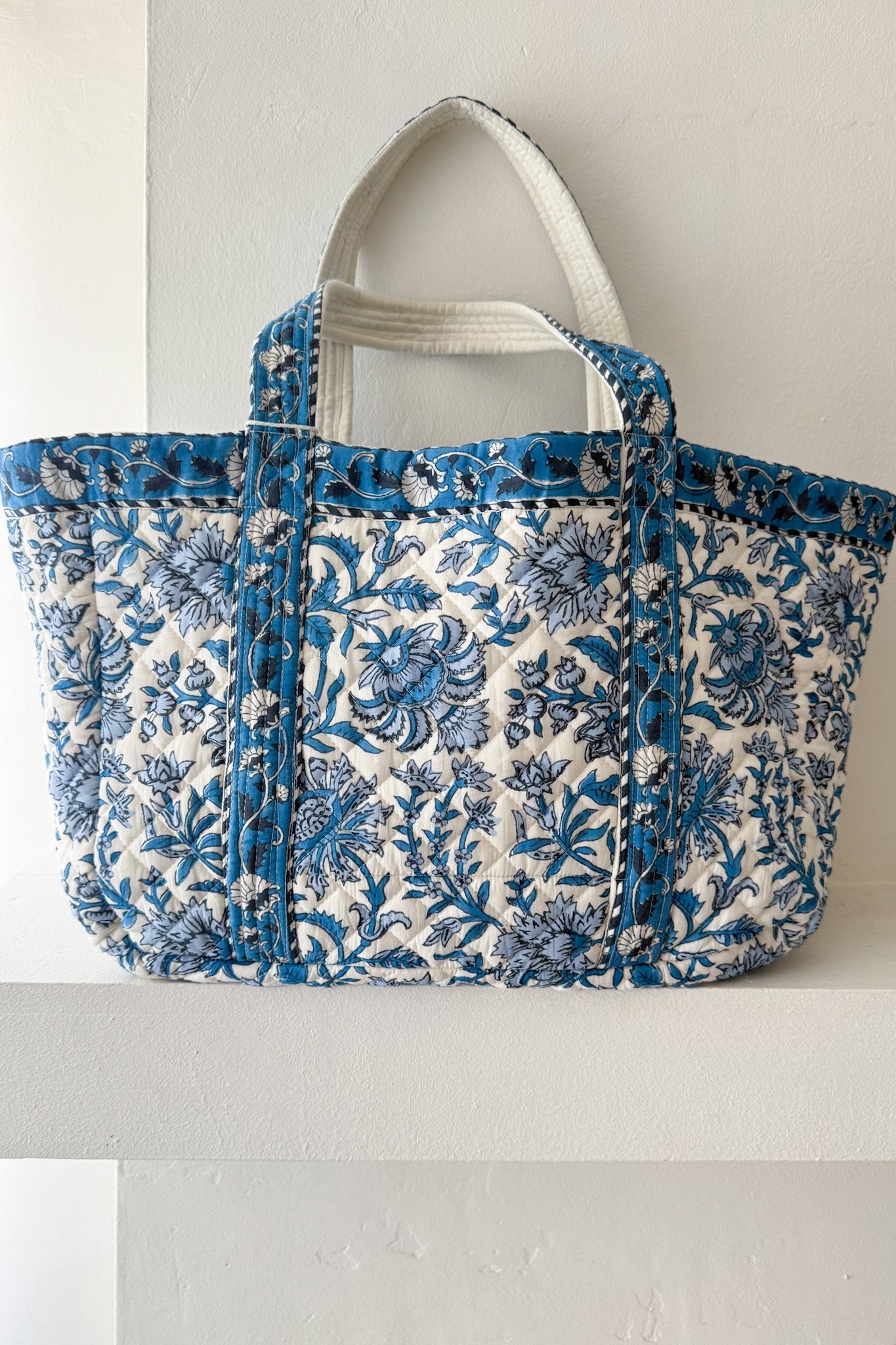 Market Quilted Tote Bag in Floral Blue - Neutral Ground