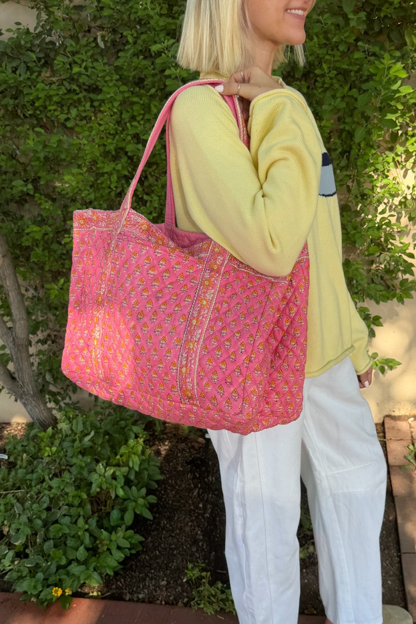Market Quilted Tote Bag in Pink and Orange - Neutral Ground
