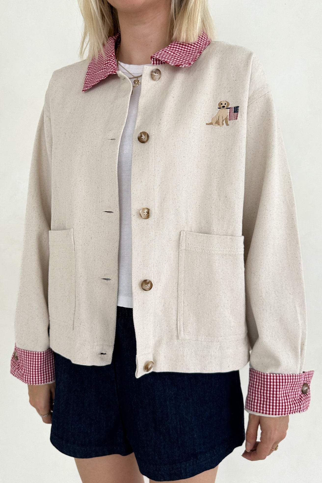 Marley USA With Dog Cotton Gingham Jacket - Neutral Ground