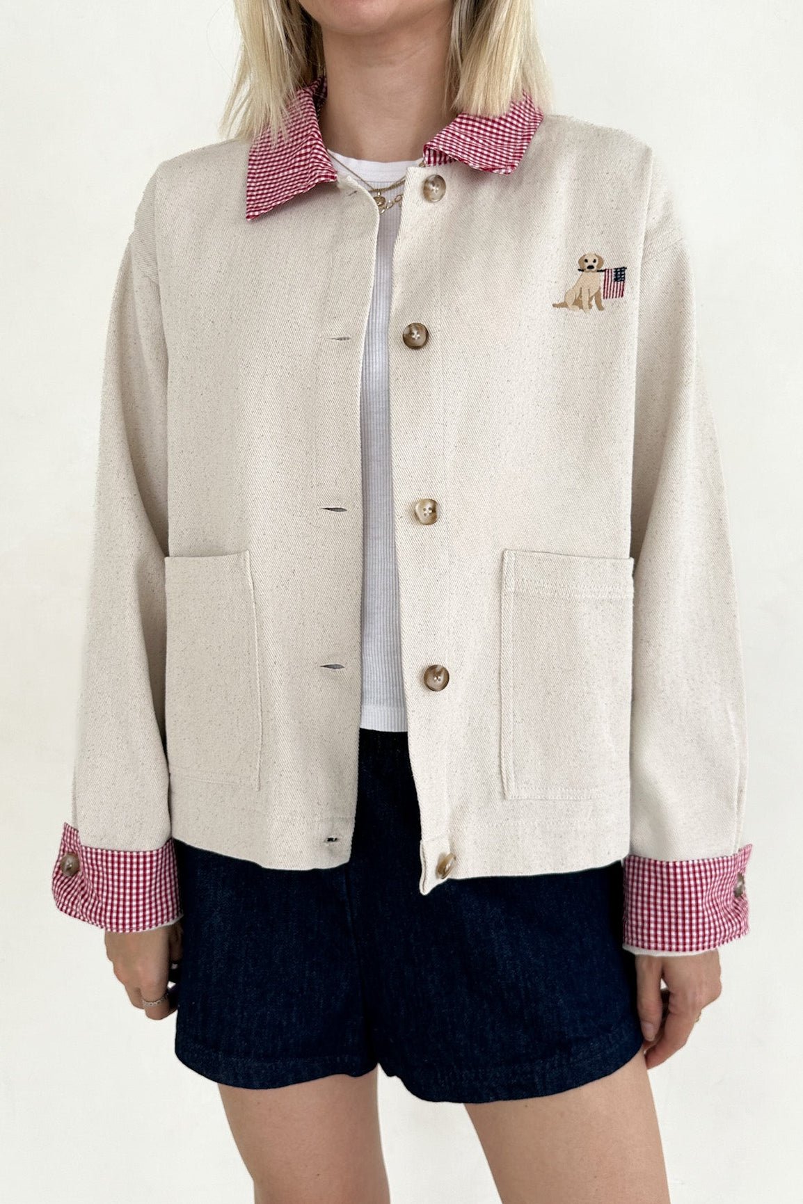 Marley USA With Dog Cotton Gingham Jacket - Neutral Ground