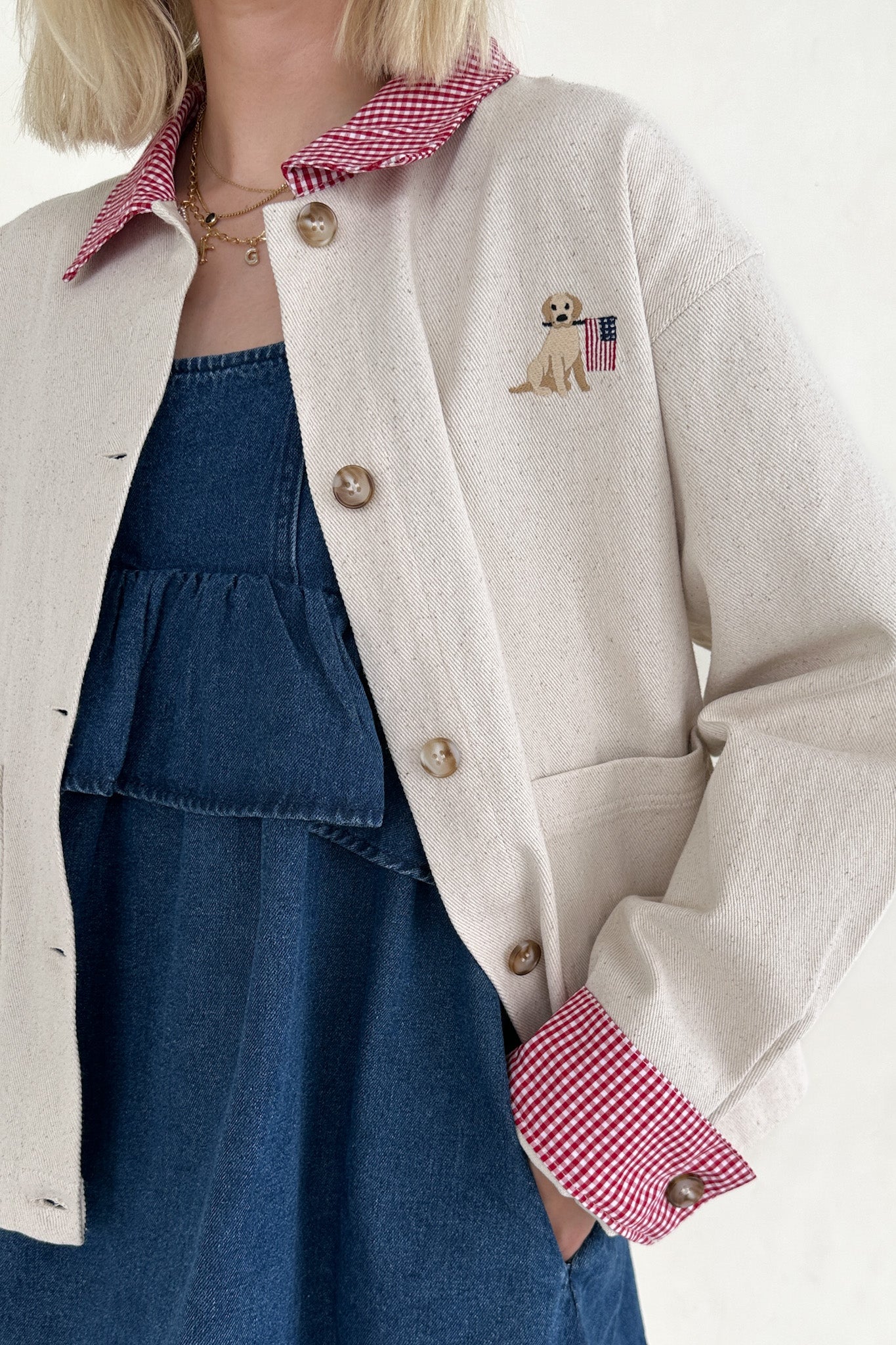 Marley USA With Dog Cotton Gingham Jacket - Neutral Ground