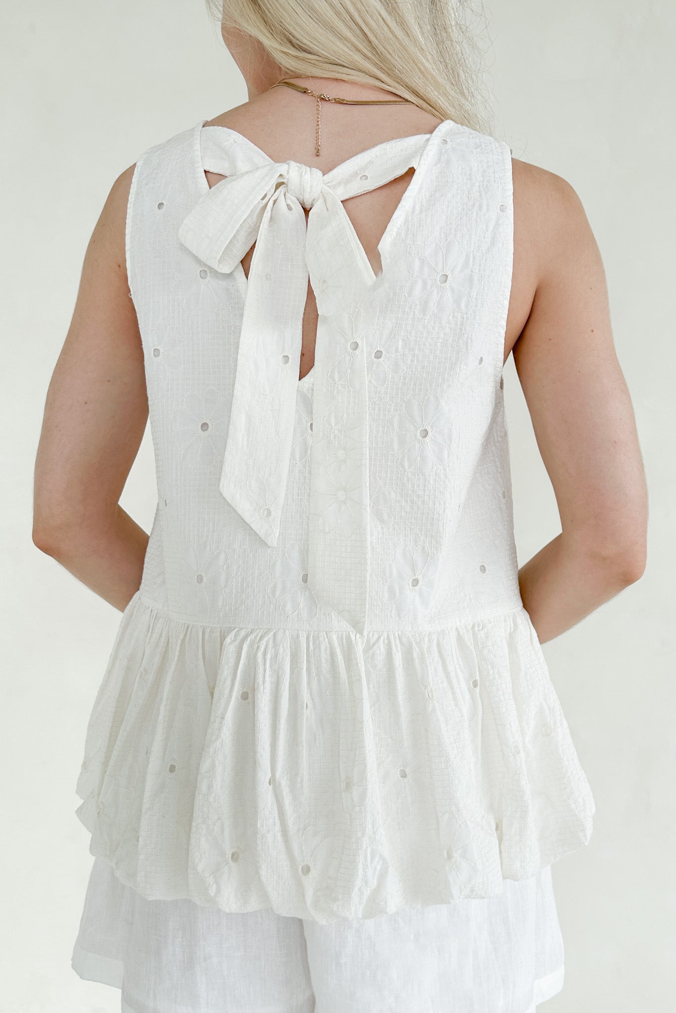 Mayfair Sleeveless Back Tie Bubble Top - Neutral Ground