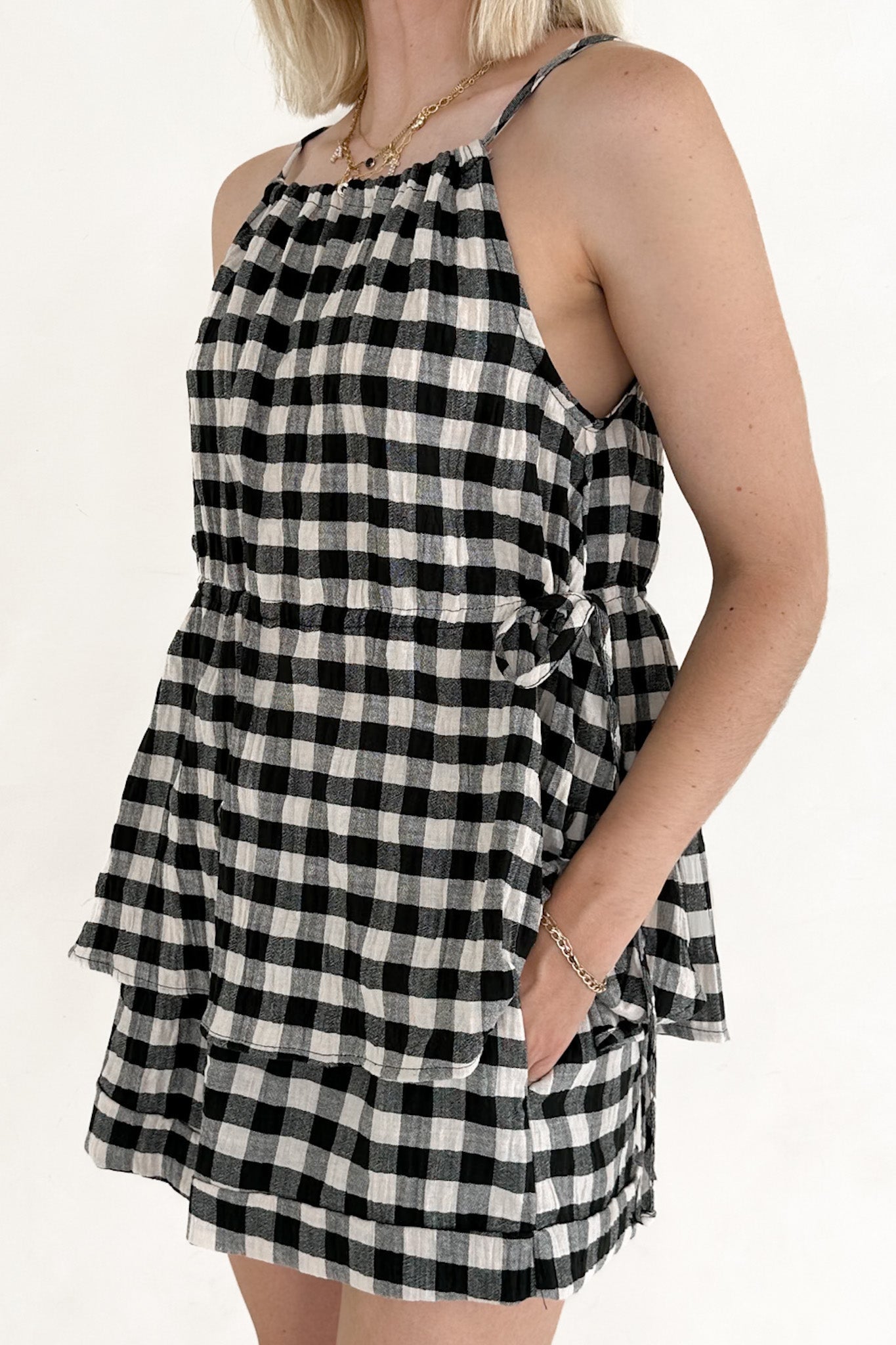 Meadow Tie Side Drawstring Gingham Blouse - Neutral Ground