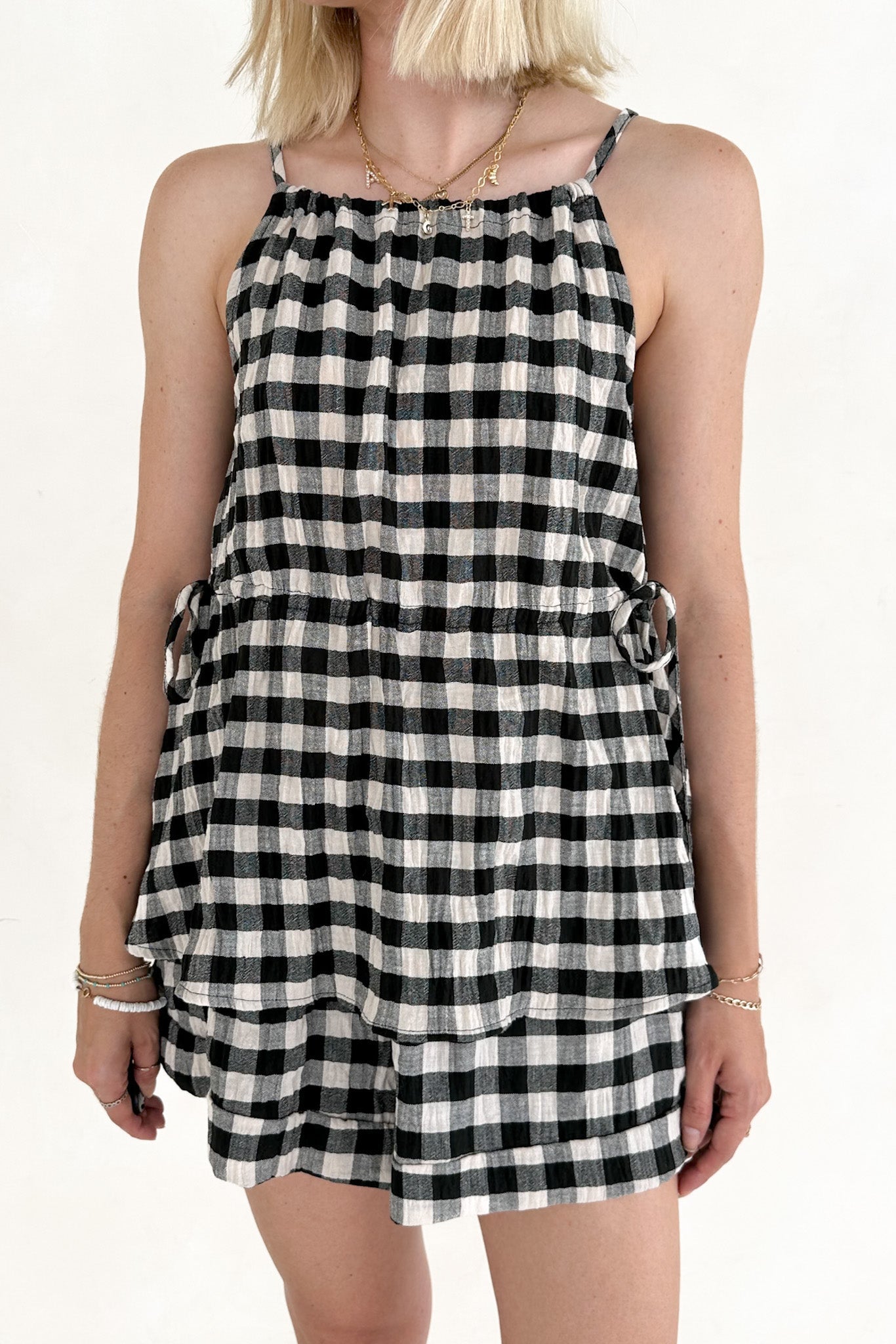 Meadow Tie Side Drawstring Gingham Blouse - Neutral Ground
