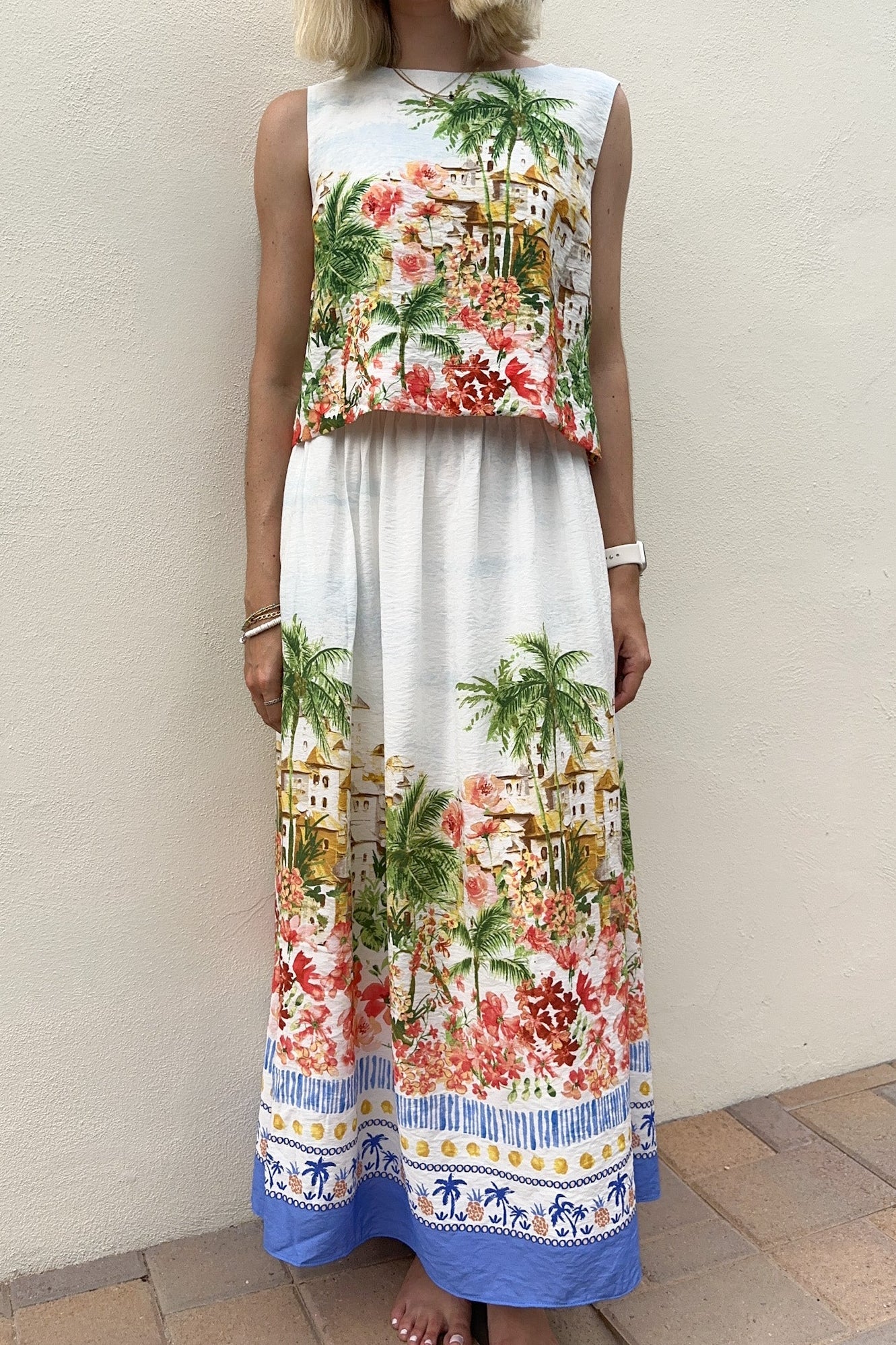 Meet Me in Capri Tropical Print Satin Midi Skirt - Neutral Ground