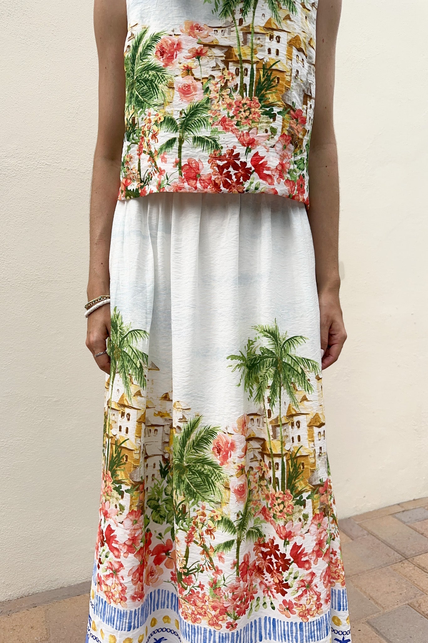 Meet Me in Capri Tropical Print Satin Midi Skirt - Neutral Ground