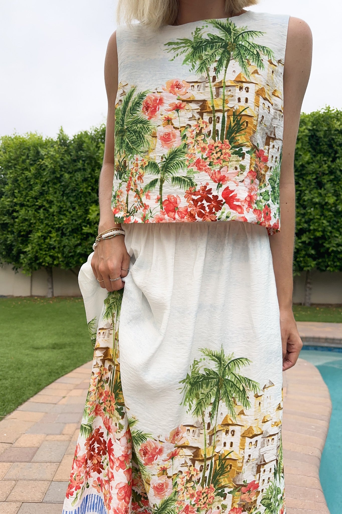 Meet Me in Capri Tropical Print Satin Midi Skirt - Neutral Ground