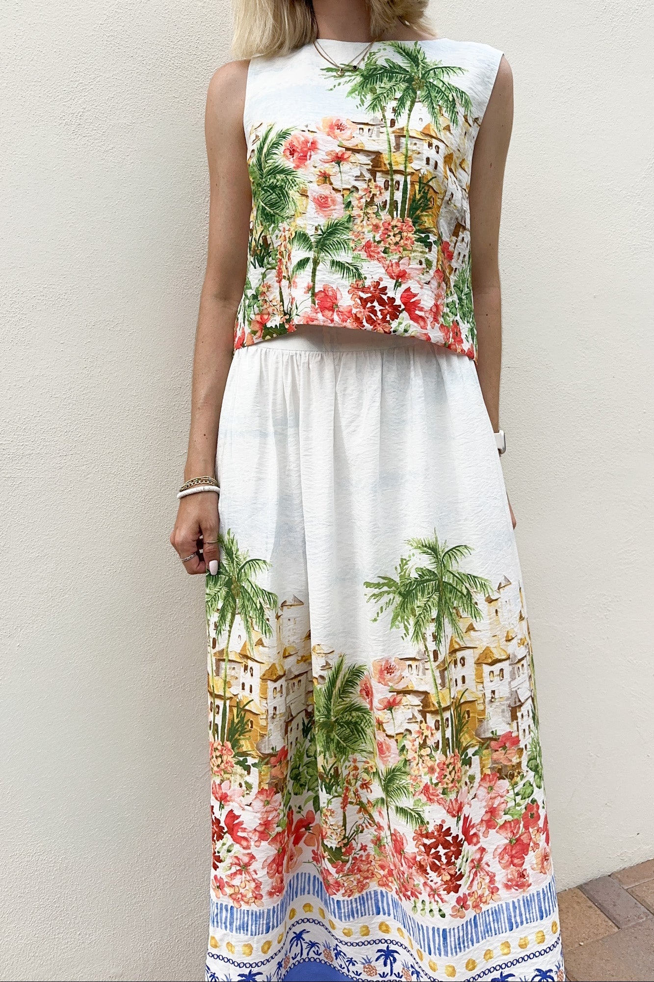 Meet Me in Capri Tropical Print Satin Midi Skirt - Neutral Ground