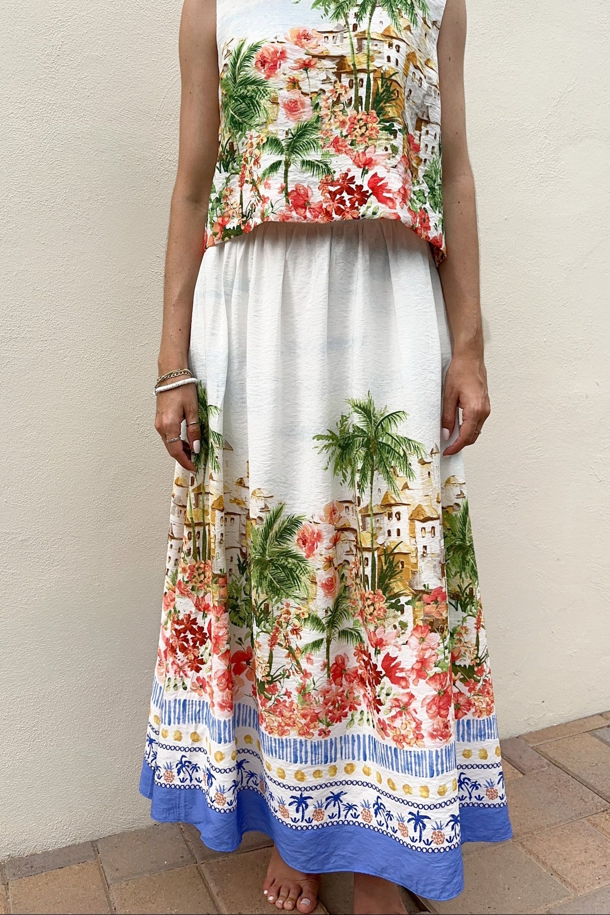 Meet Me in Capri Tropical Print Satin Midi Skirt - Neutral Ground