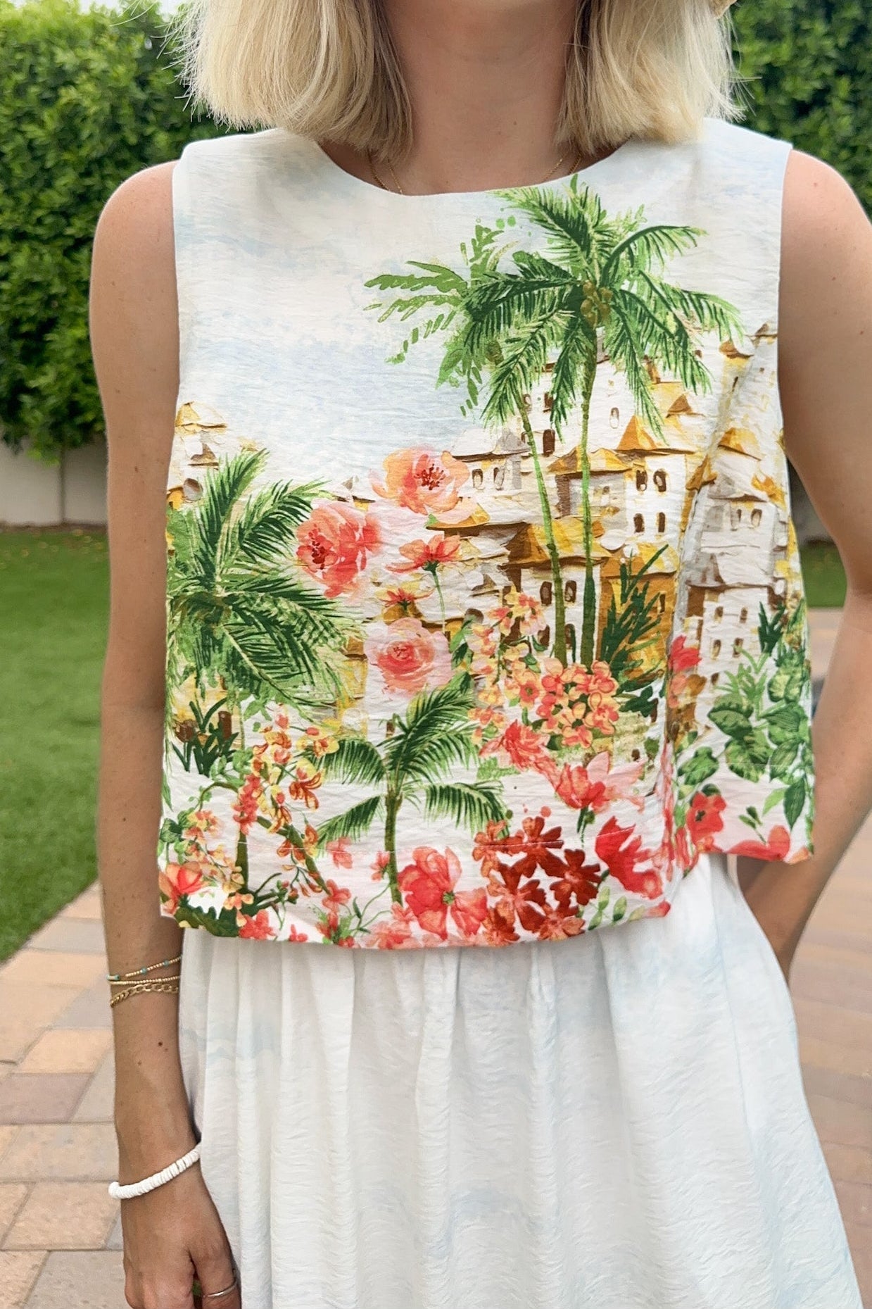 Meet Me in Capri Tropical Print Satin Top - Neutral Ground