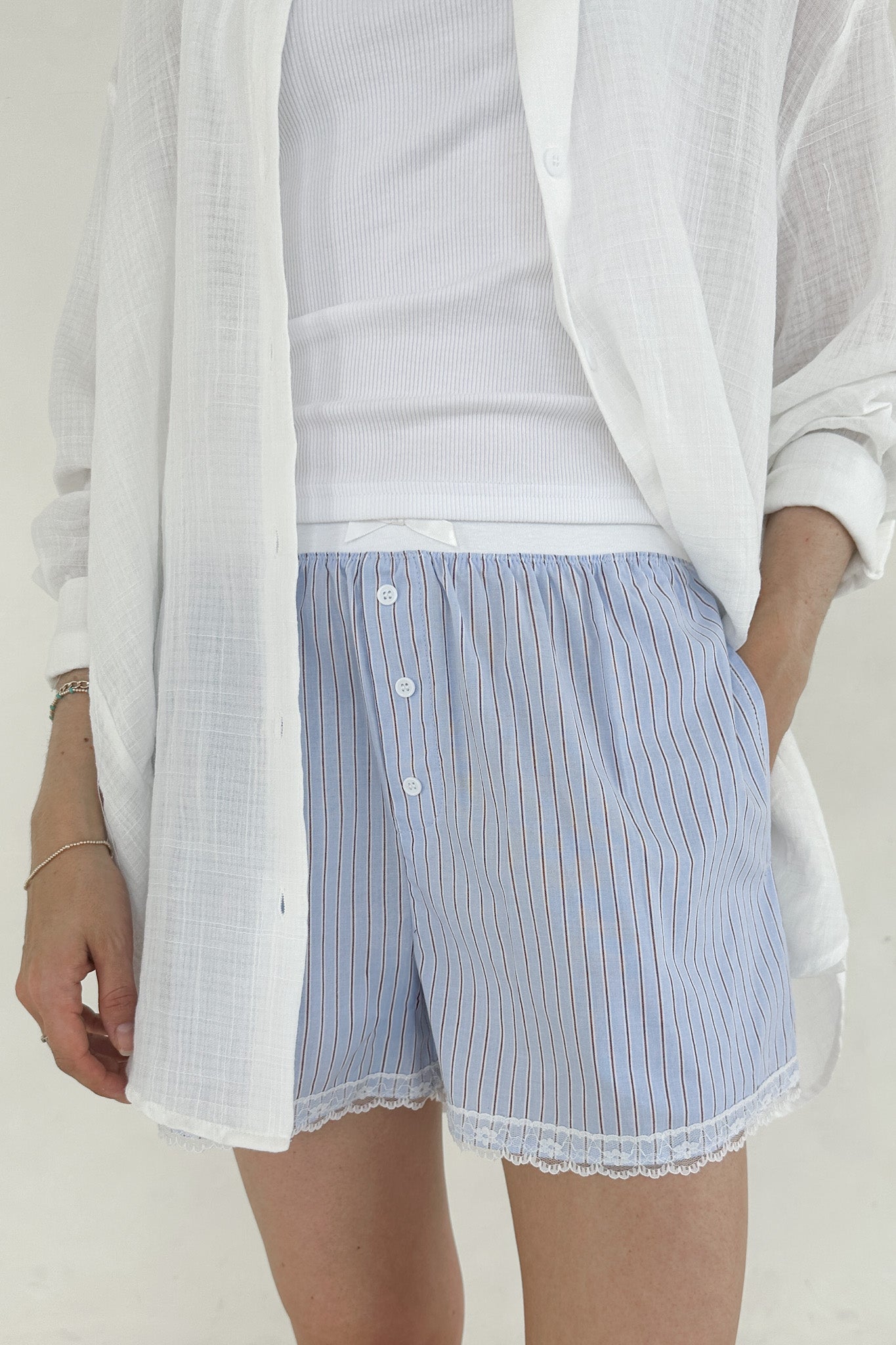Merci Striped Lace Shorts in Blue - Neutral Ground