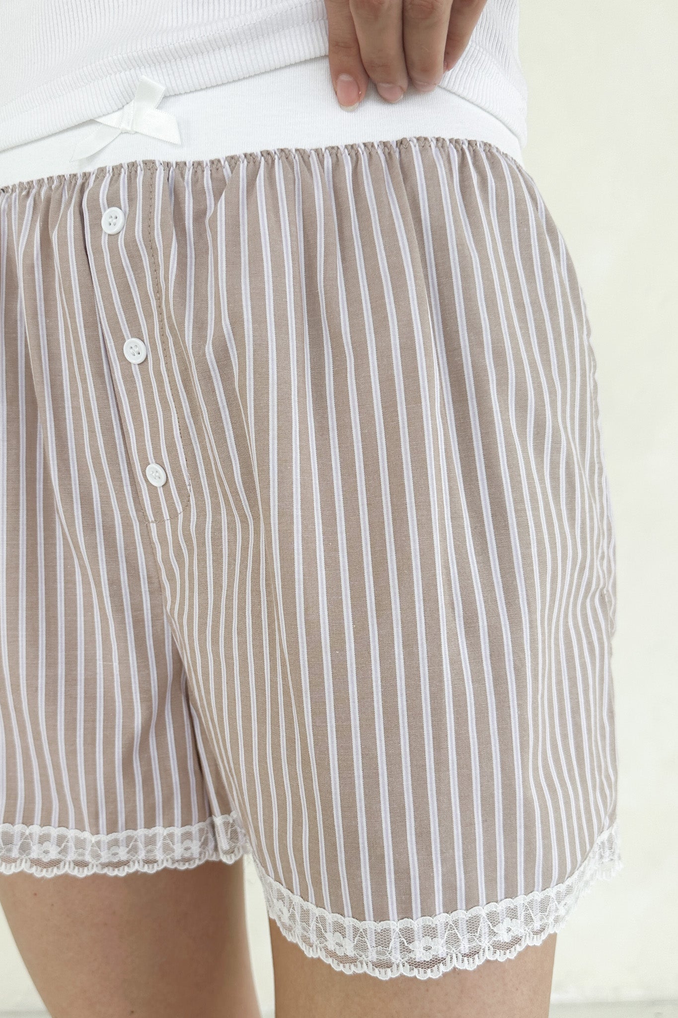 Merci Striped Lace Shorts in Mocha - Neutral Ground