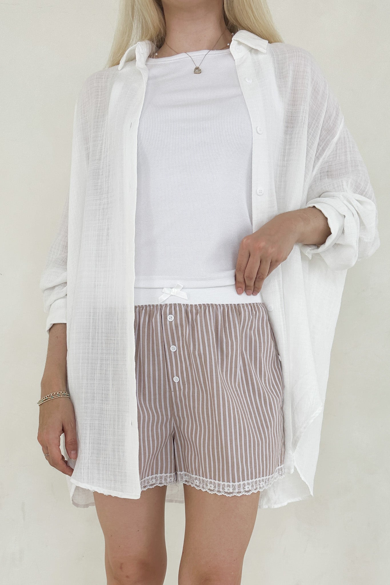 Merci Striped Lace Shorts in Mocha - Neutral Ground