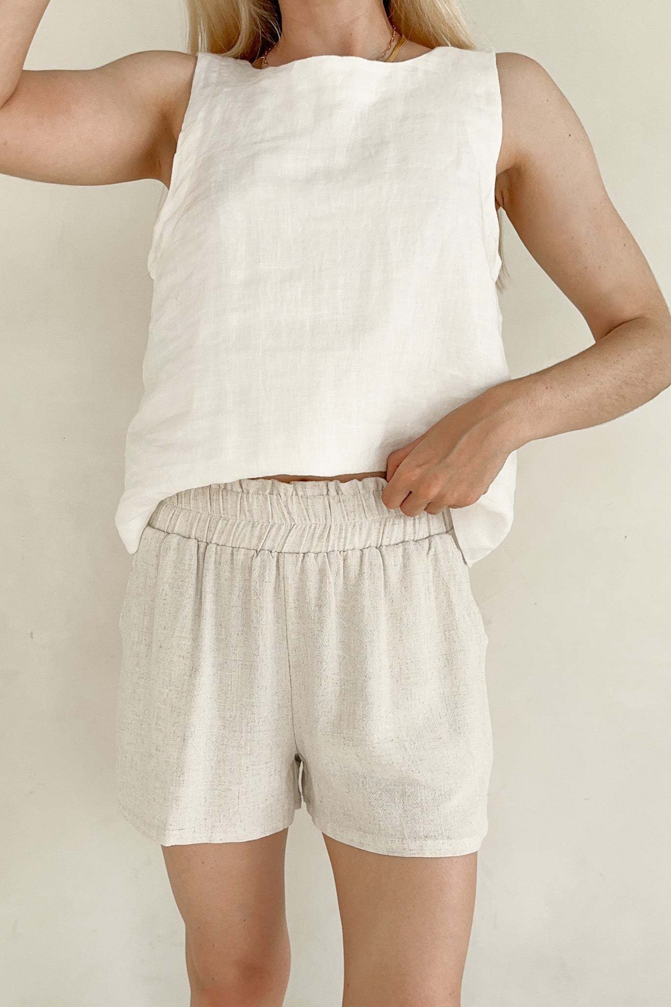 Miley Linen Blend Elastic Waist Shorts - Neutral Ground