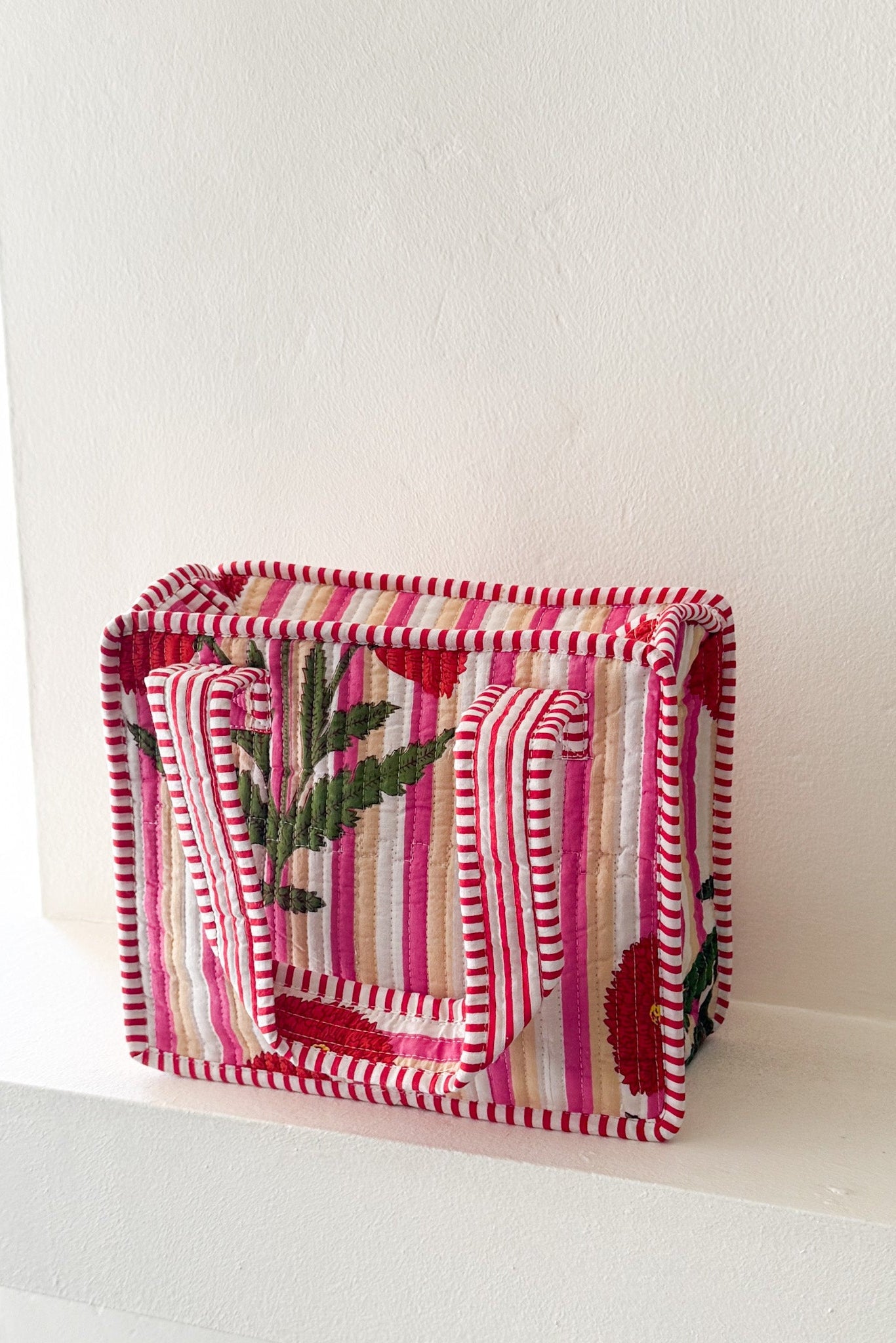 Mini Market Striped Quilted Tote Bag in Pink Poppy - Neutral Ground