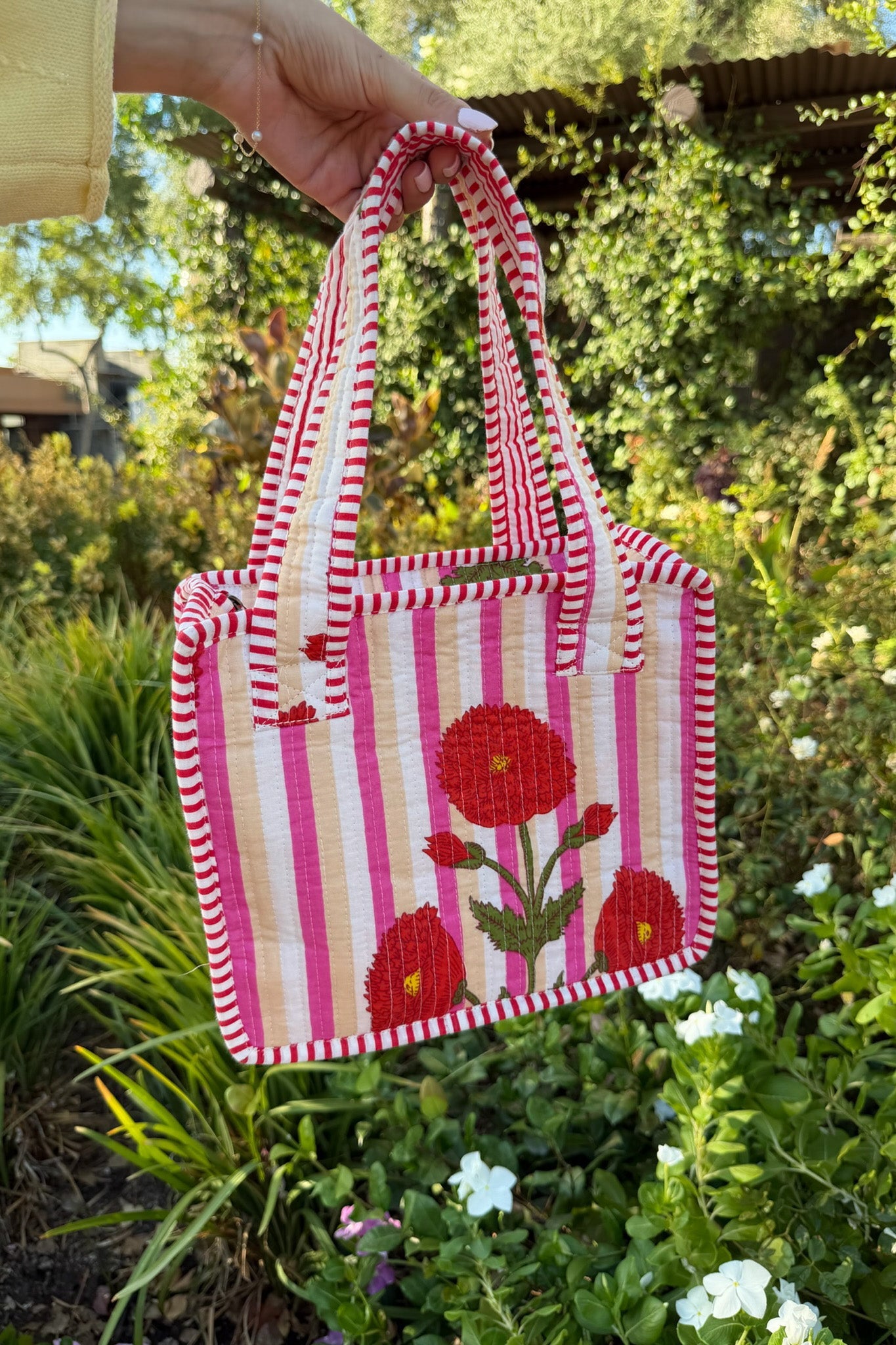 Mini Market Striped Quilted Tote Bag in Pink Poppy - Neutral Ground
