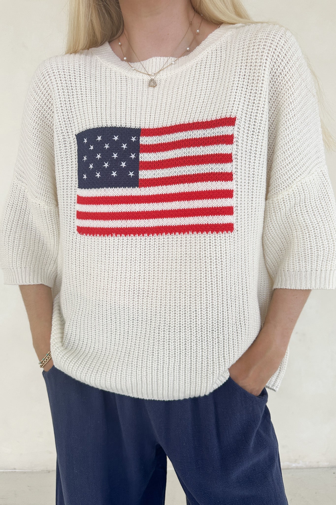 Miss Americana Flag Print Knit Sweater - Neutral Ground