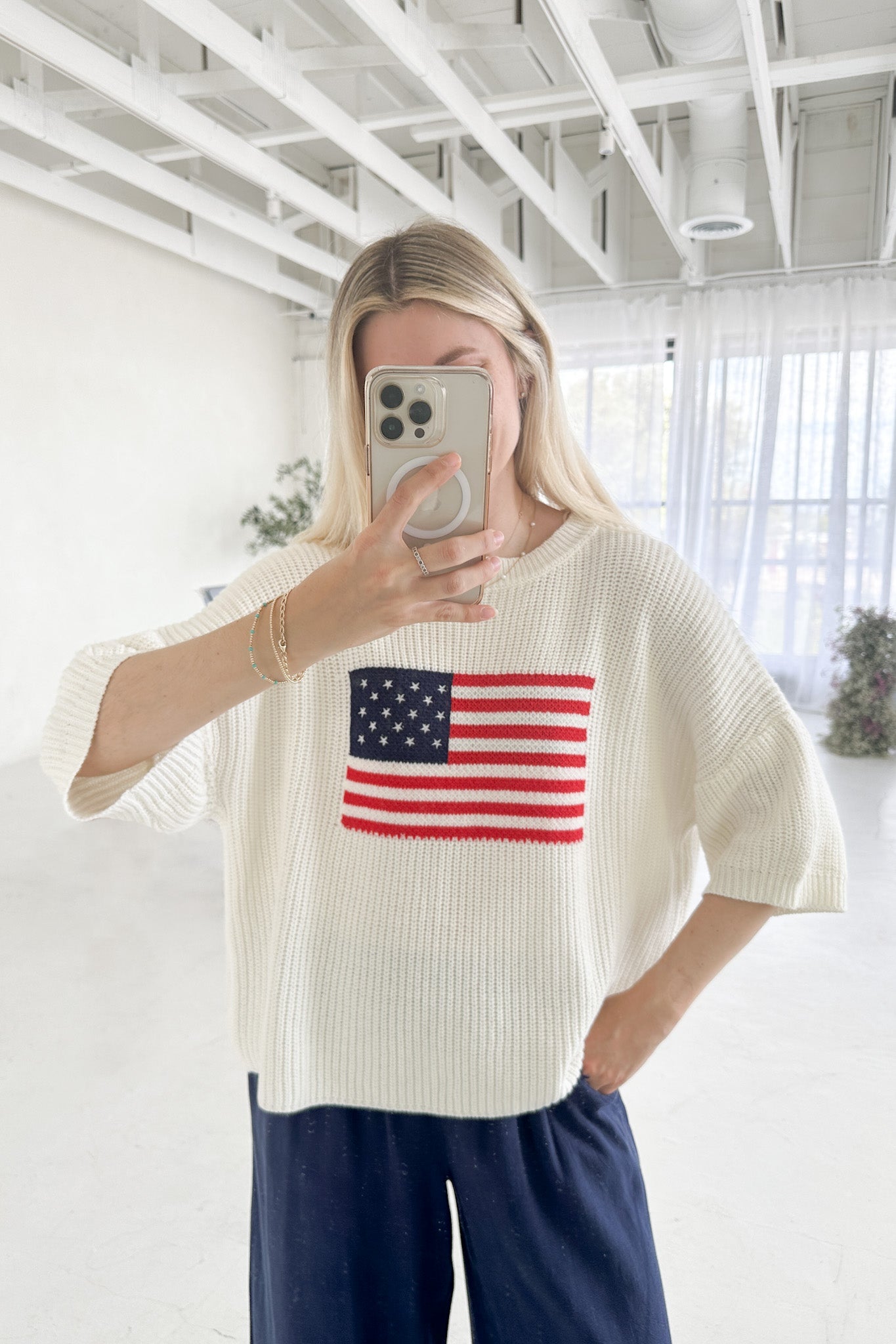 Miss Americana Flag Print Knit Sweater - Neutral Ground