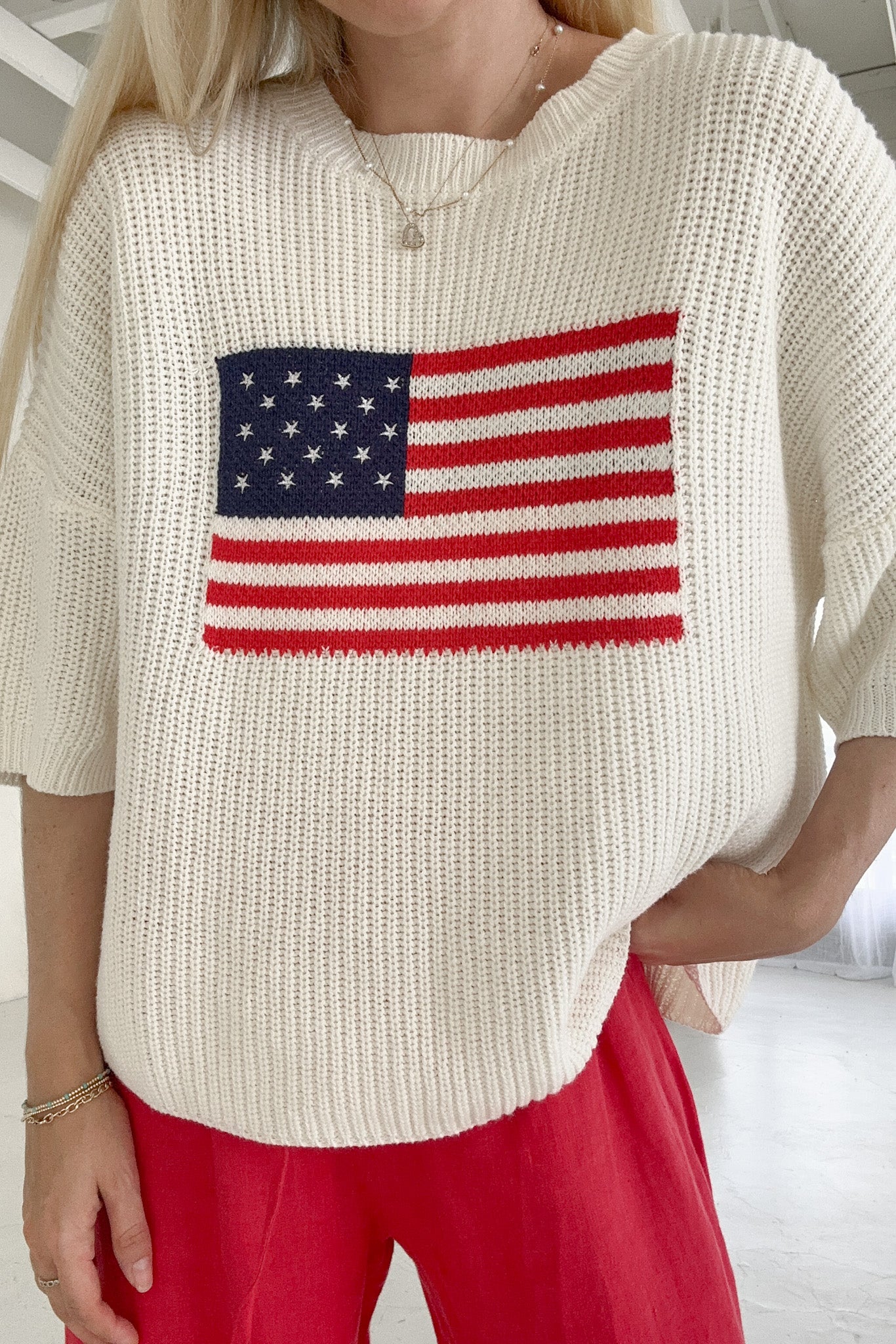 Miss Americana Flag Print Knit Sweater - Neutral Ground