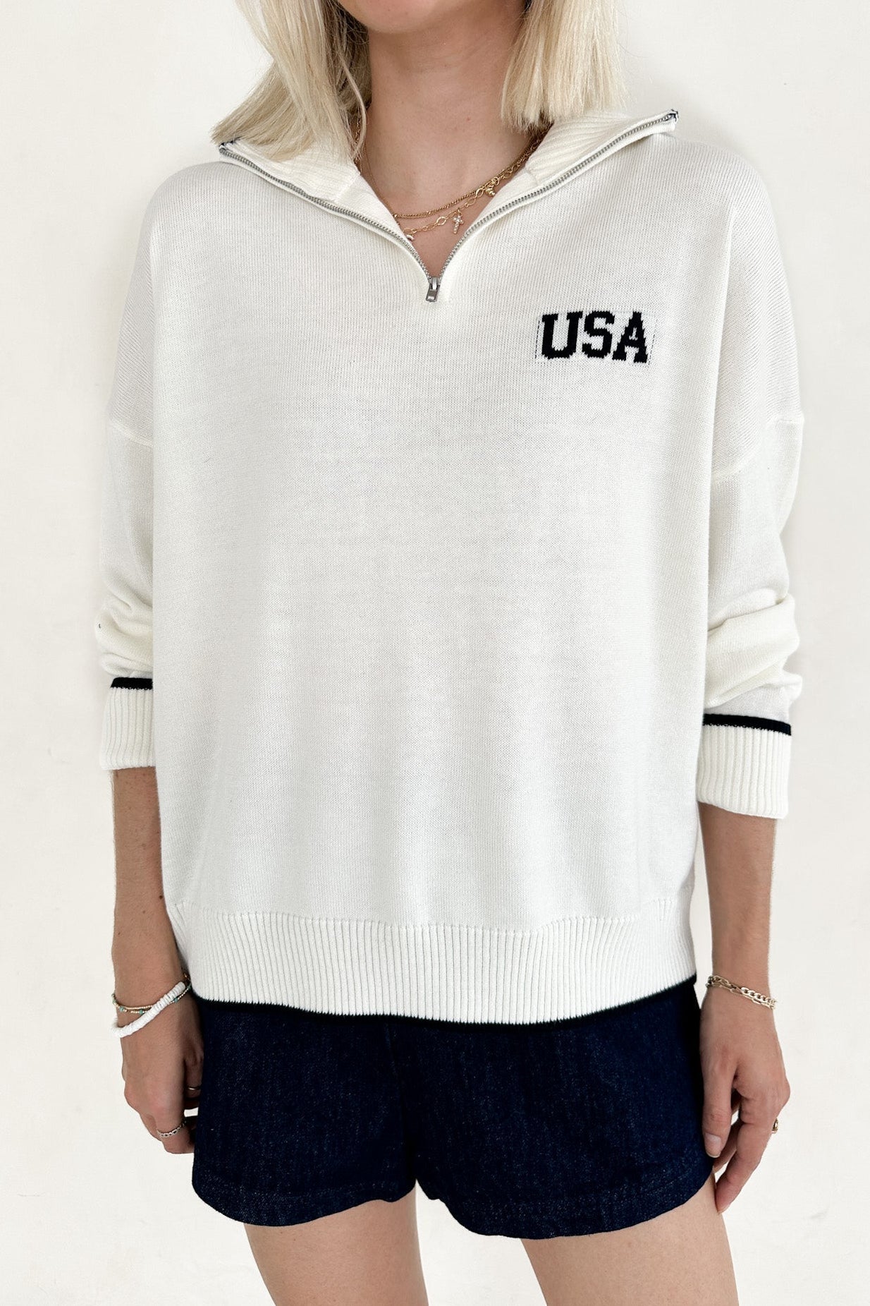 Miss Americana USA Quarter Zip Long Sleeve Pullover - Neutral Ground