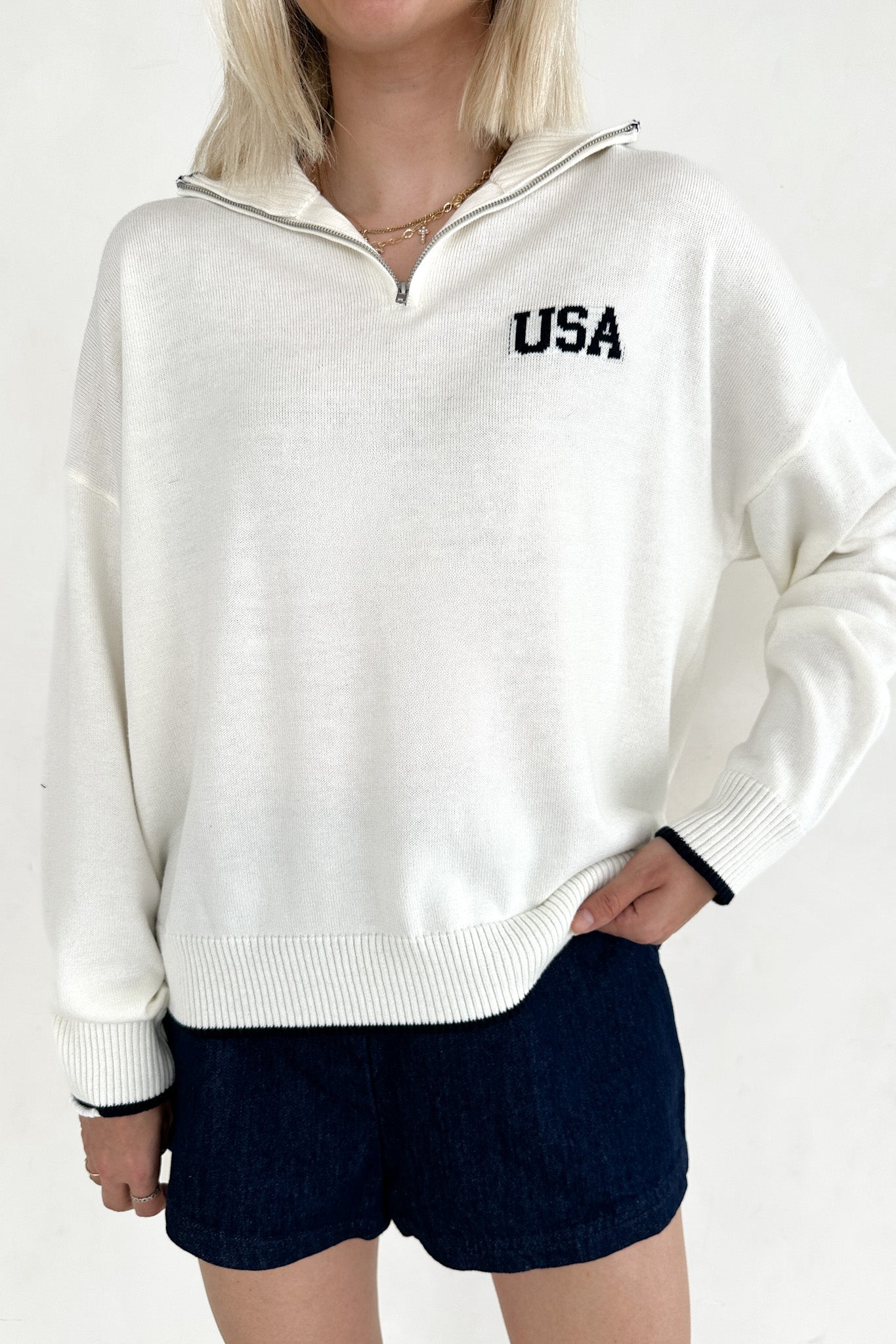 Miss Americana USA Quarter Zip Long Sleeve Pullover - Neutral Ground