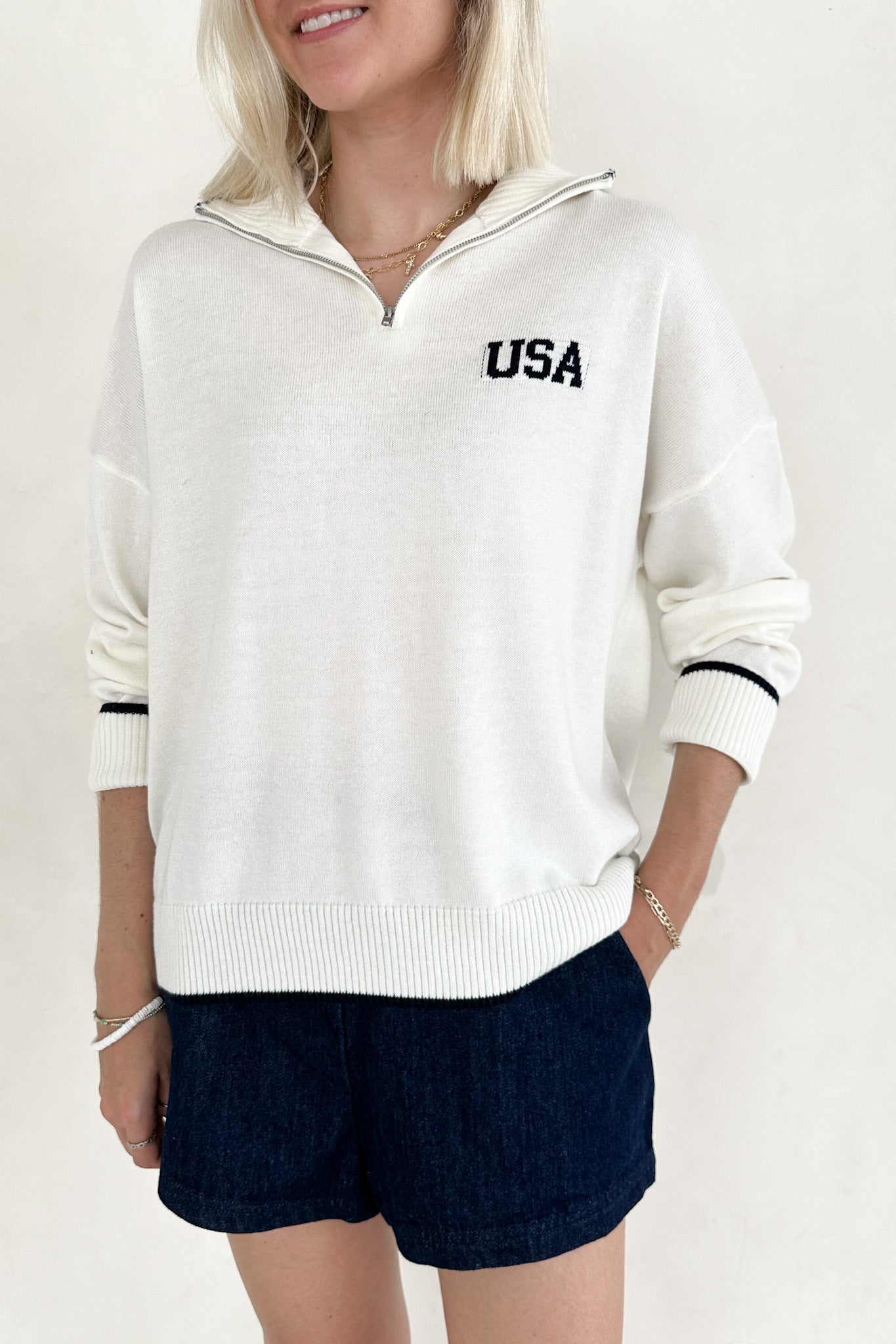 Miss Americana USA Quarter Zip Long Sleeve Pullover - Neutral Ground