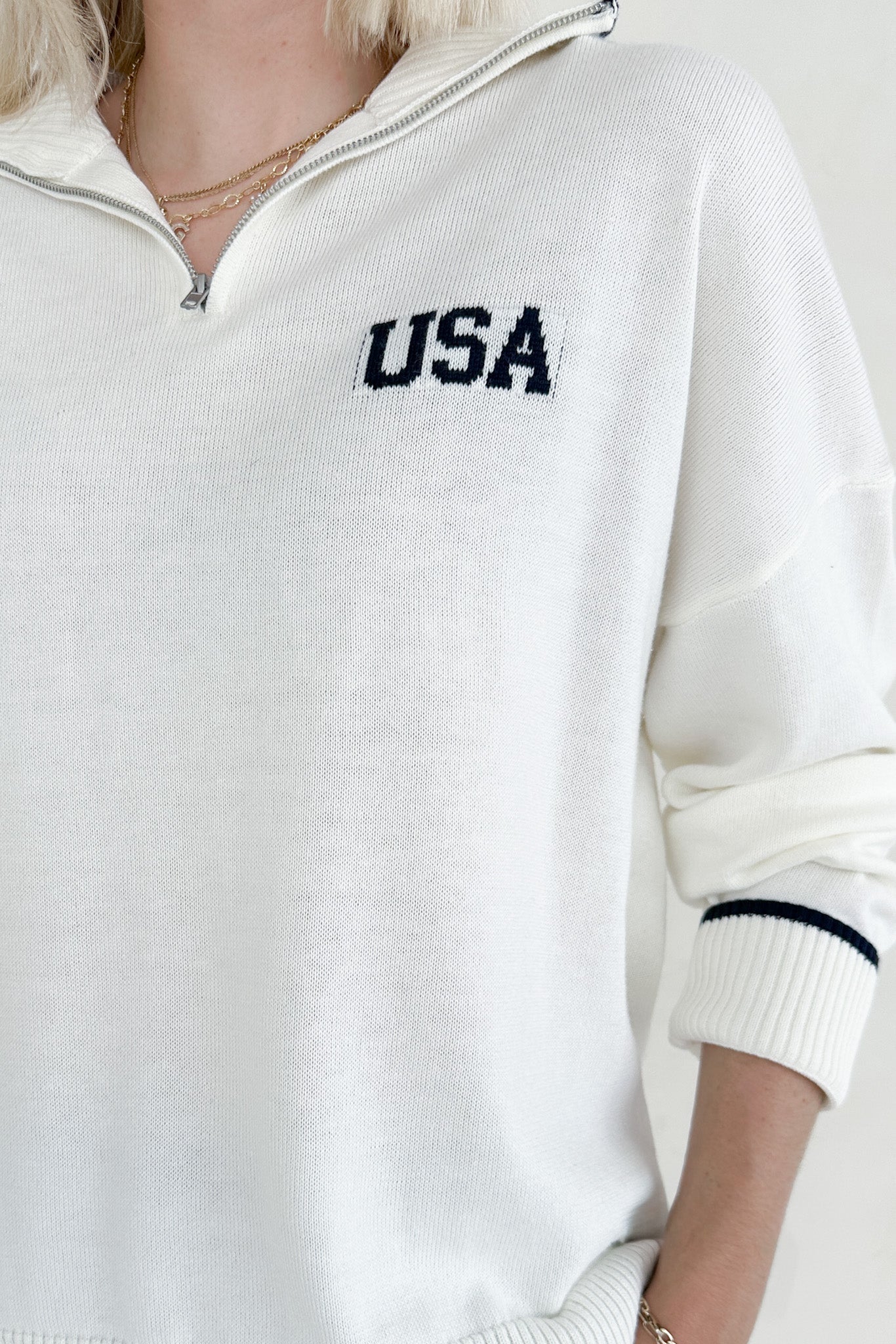 Miss Americana USA Quarter Zip Long Sleeve Pullover - Neutral Ground