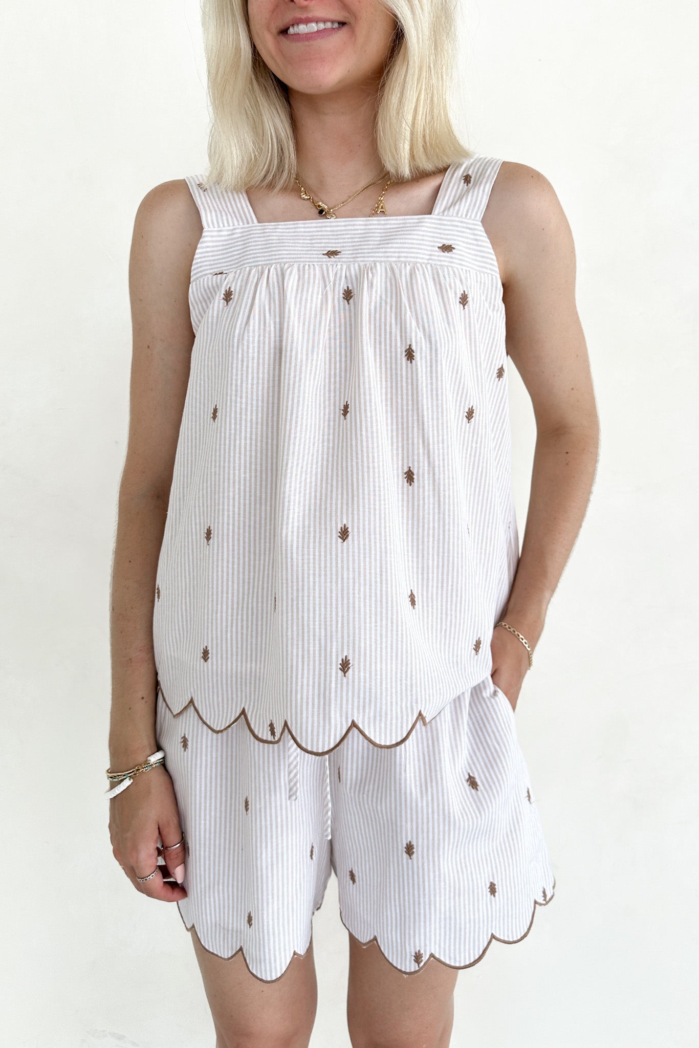 Morning Markets Pinstripe Embroidered Scallop Shorts - Neutral Ground