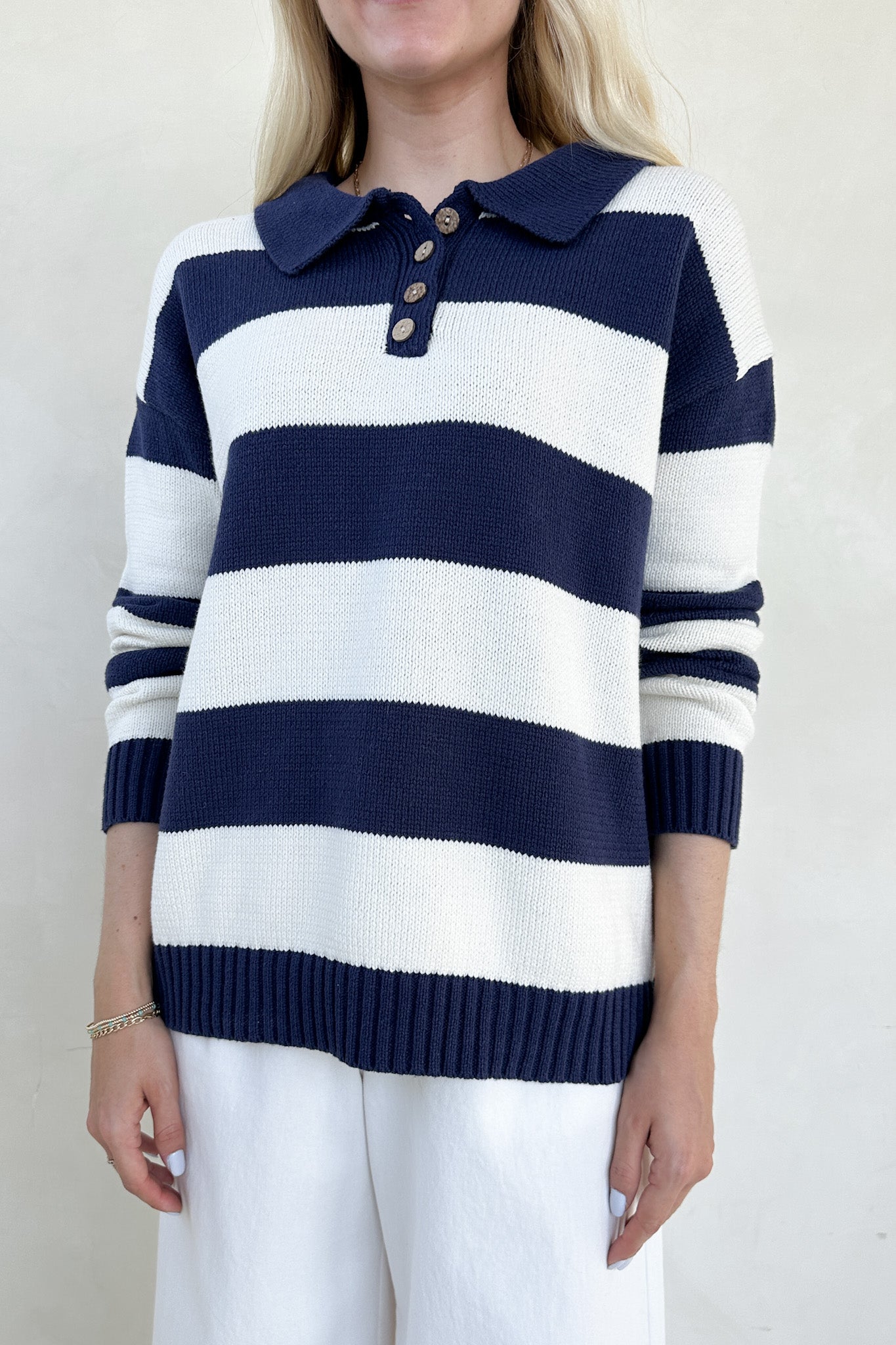 Nantucket Striped Classic Polo Sweater - Neutral Ground