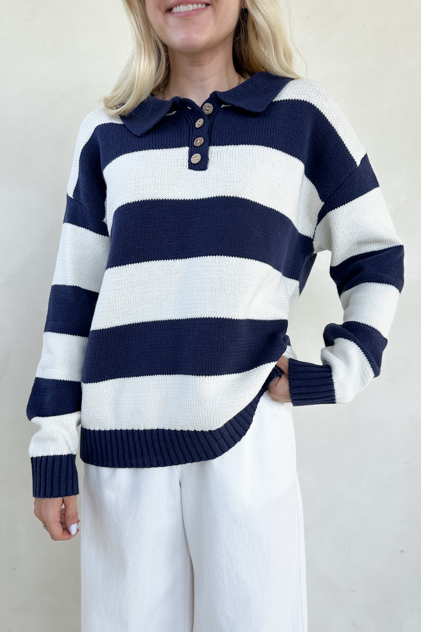 Nantucket Striped Classic Polo Sweater - Neutral Ground