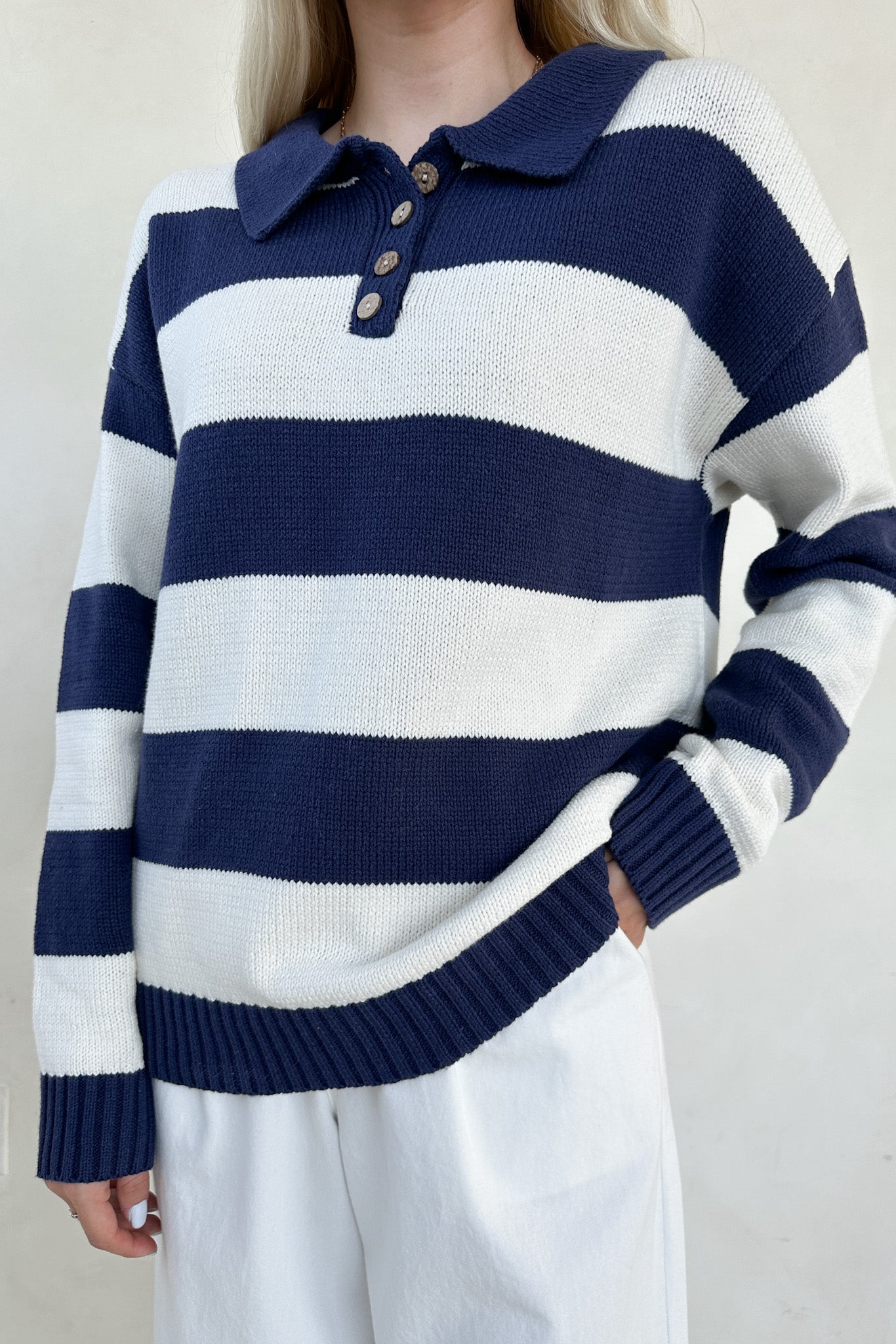 Nantucket Striped Classic Polo Sweater - Neutral Ground