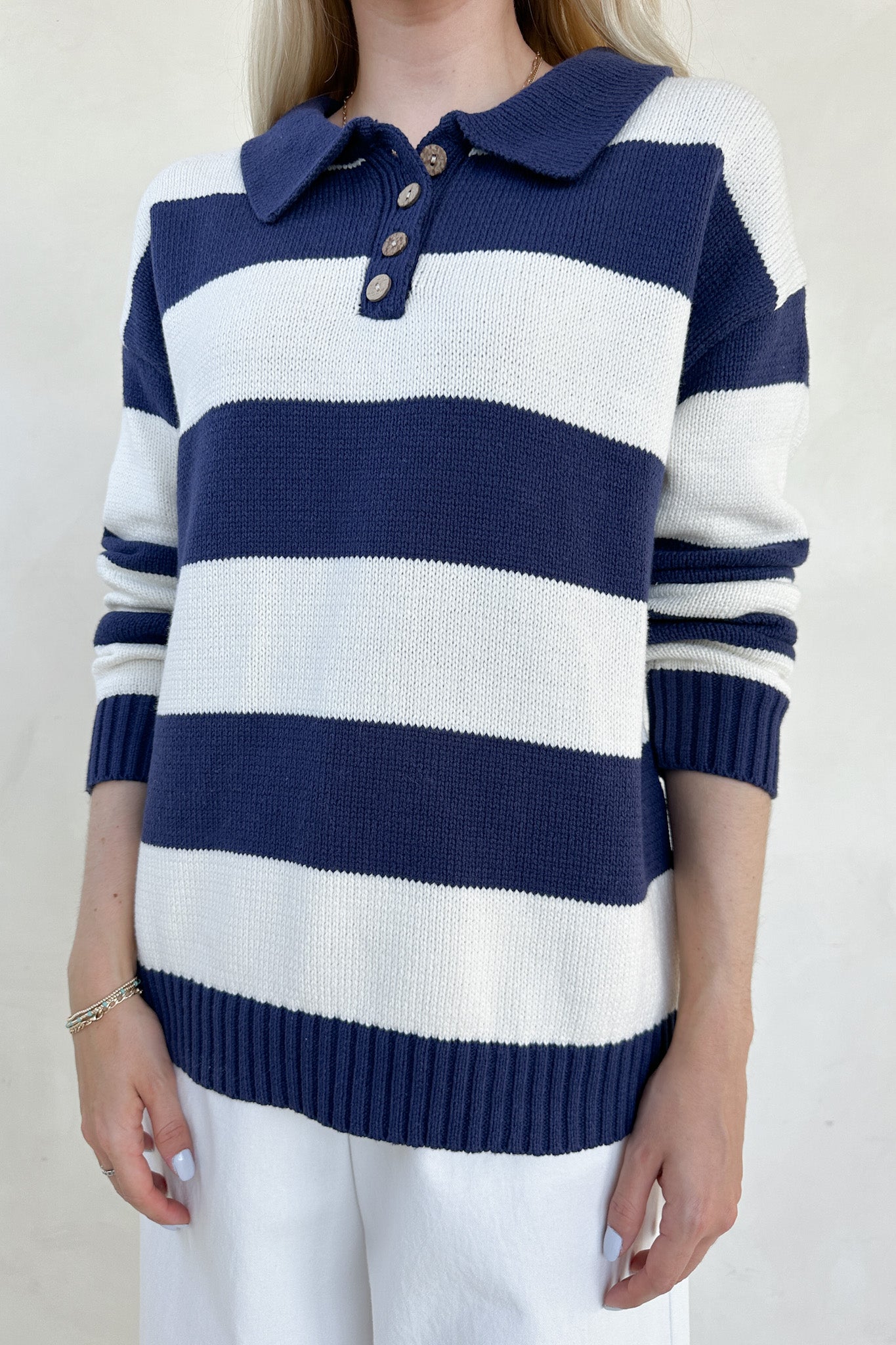 Nantucket Striped Classic Polo Sweater - Neutral Ground