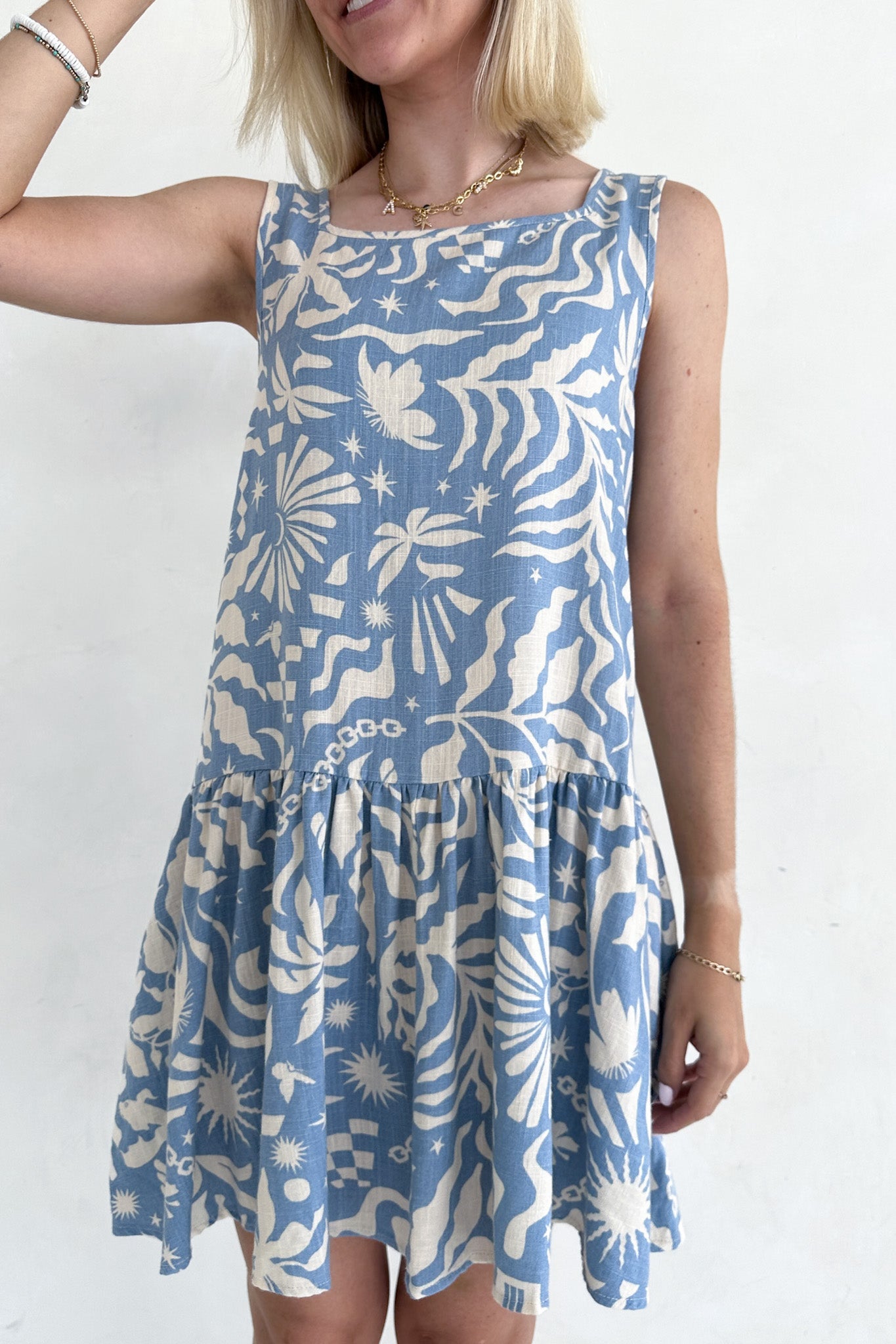 Noa Blue Tropical Print Linen Blend Mini Dress - Neutral Ground