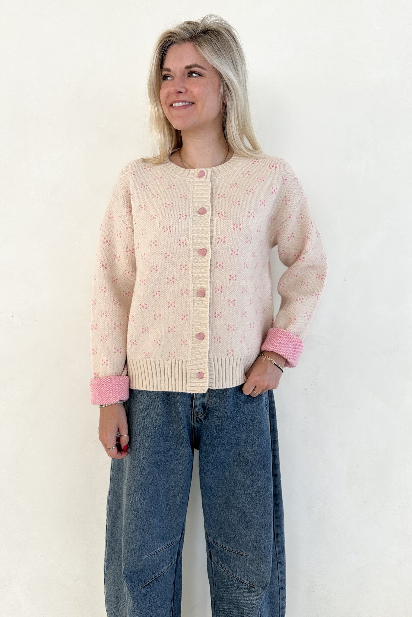 Noelle Button Down Red Hearts Cardigan in Cream and Pink - Neutral Ground