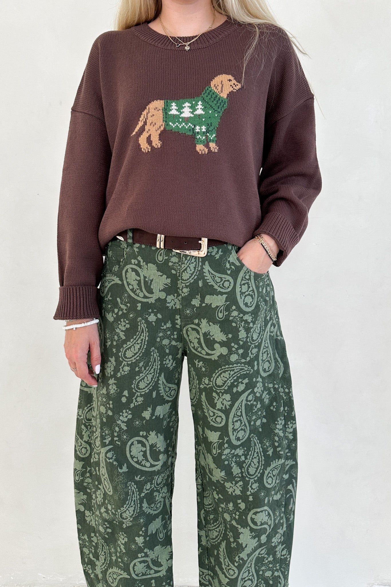 Nora Paisley Print Denim Barrel Jeans in Evergreen - Neutral Ground