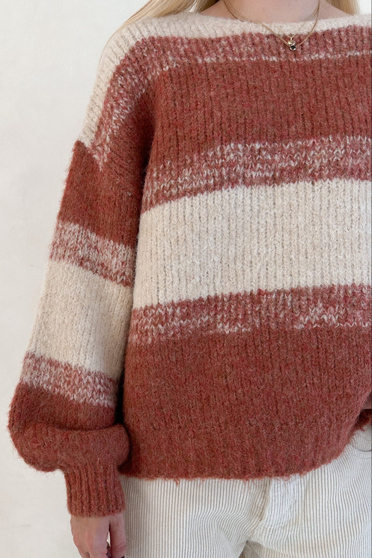 Out of the Woods Burnt Orange Balloon Sleeve Striped Sweater - Neutral Ground