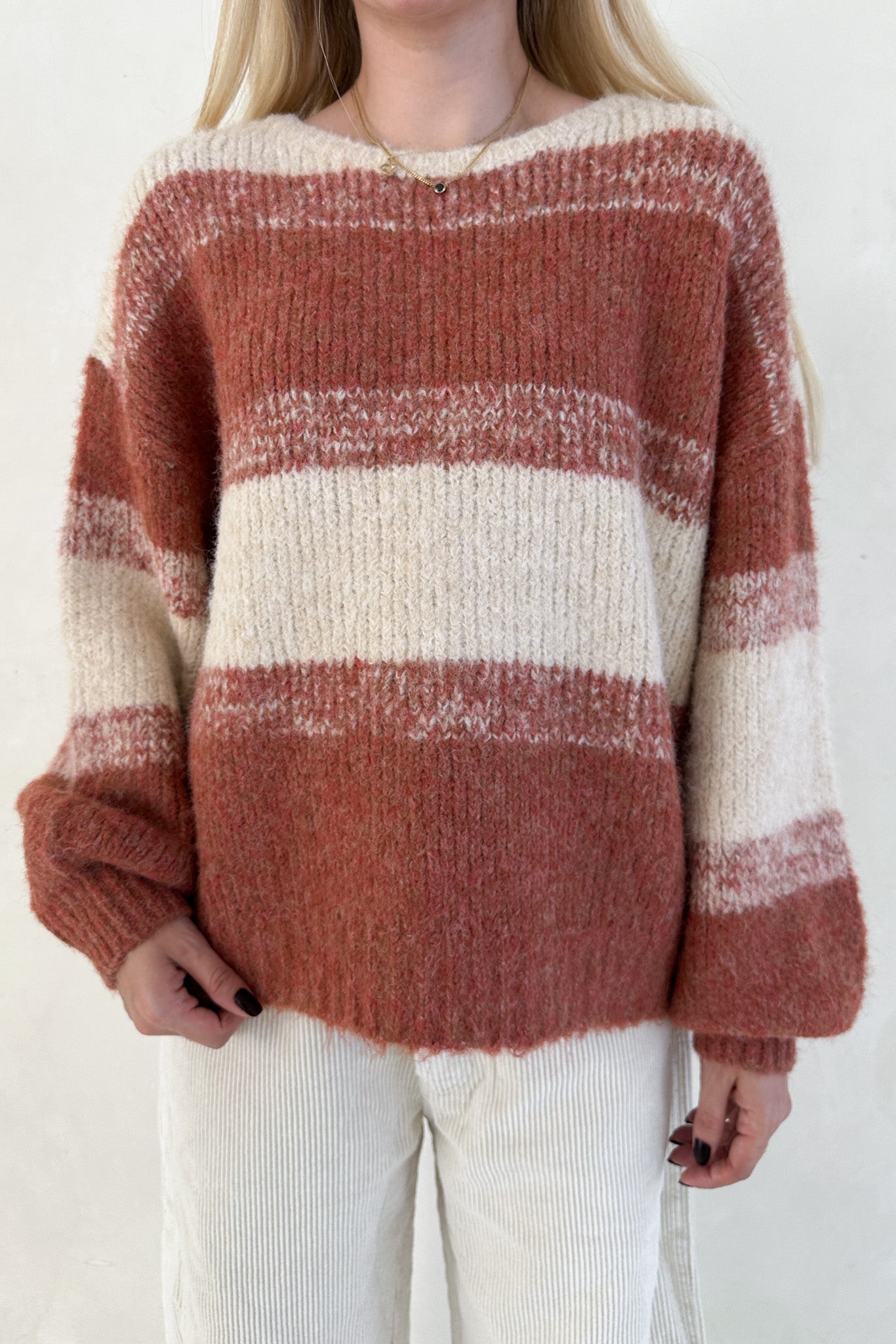 Out of the Woods Burnt Orange Balloon Sleeve Striped Sweater - Neutral Ground