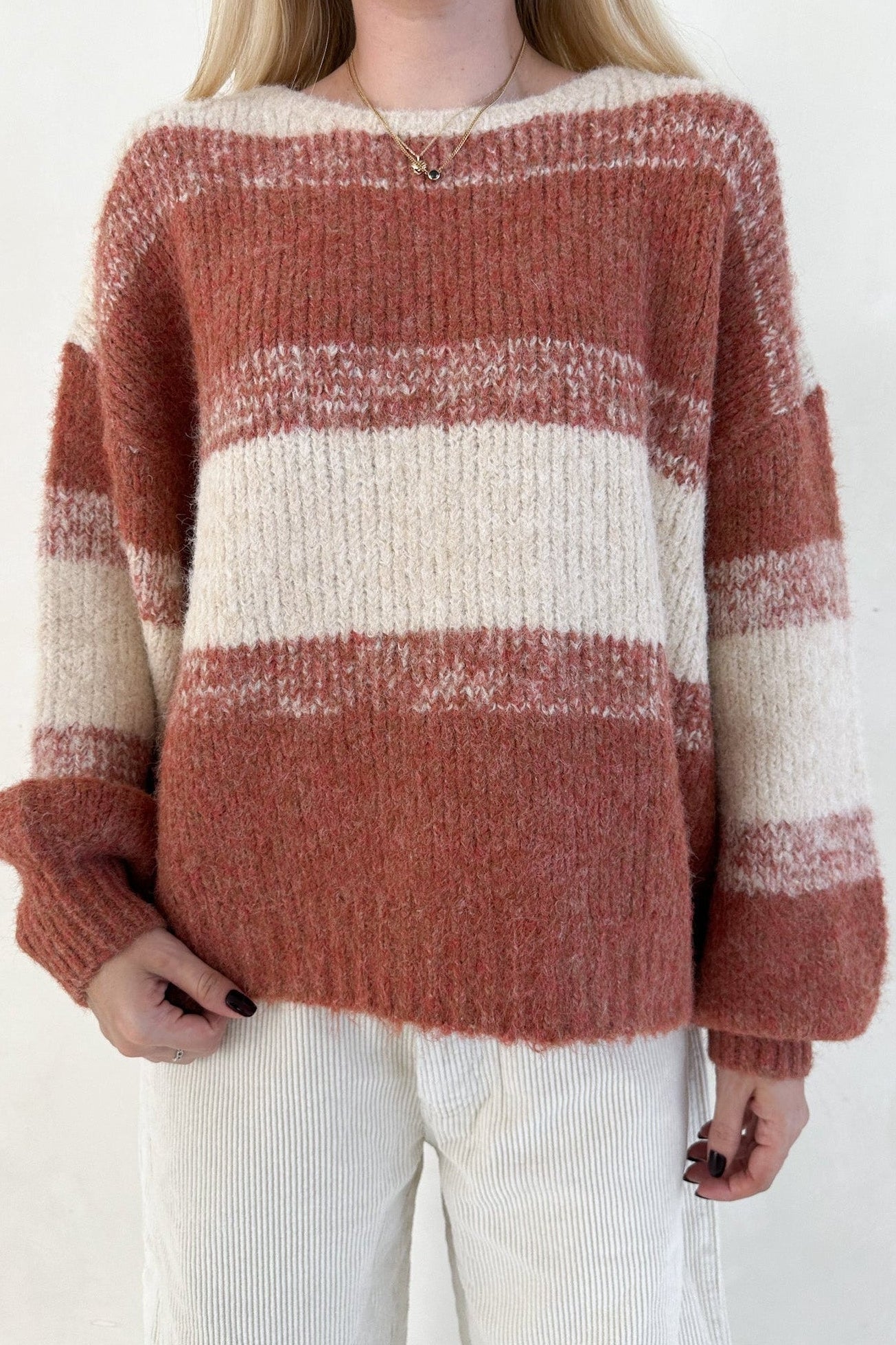 Out of the Woods Burnt Orange Balloon Sleeve Striped Sweater - Neutral Ground
