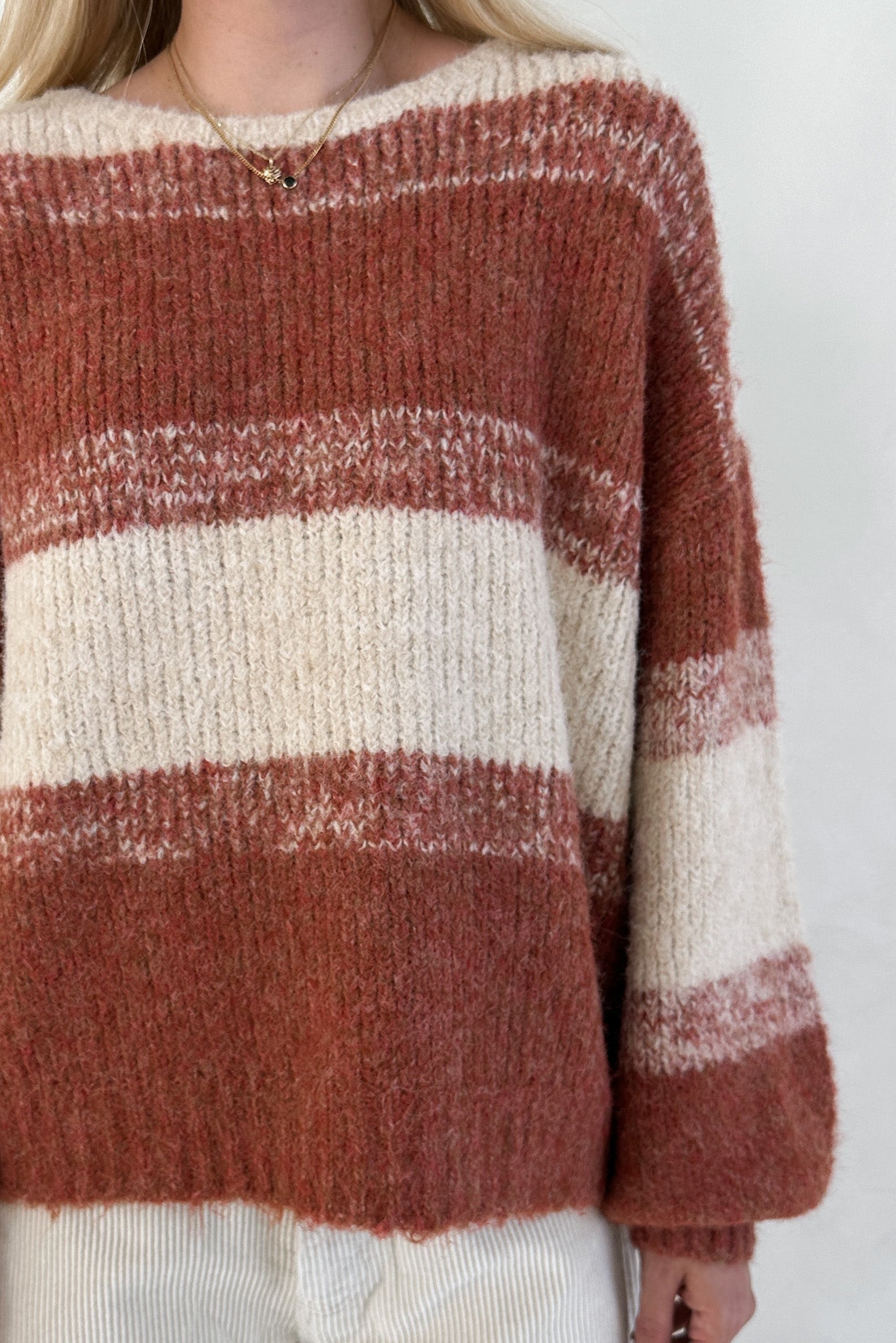 Out of the Woods Burnt Orange Balloon Sleeve Striped Sweater - Neutral Ground