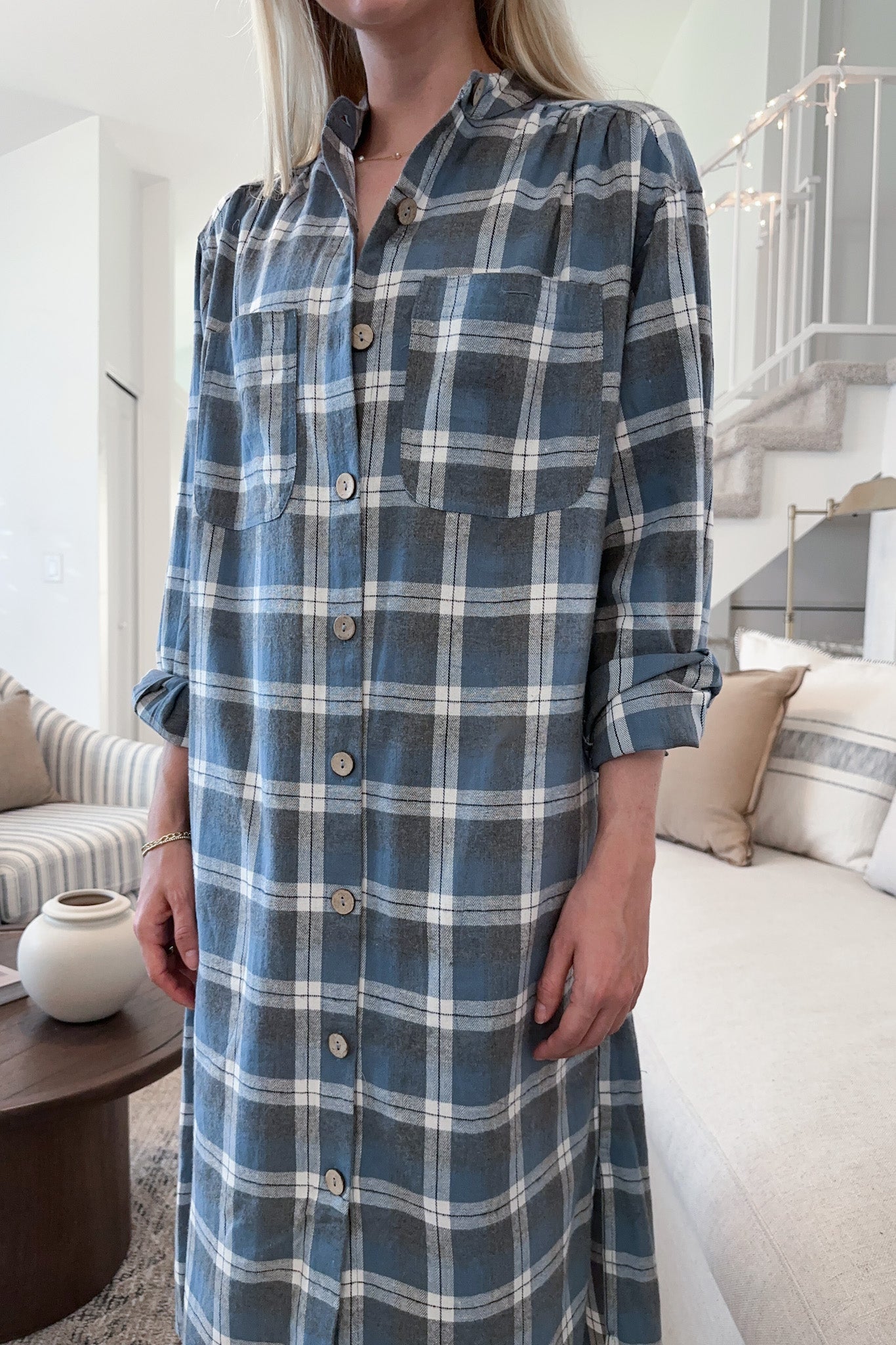 Out West Plaid Button Down Shirt Dress - Neutral Ground