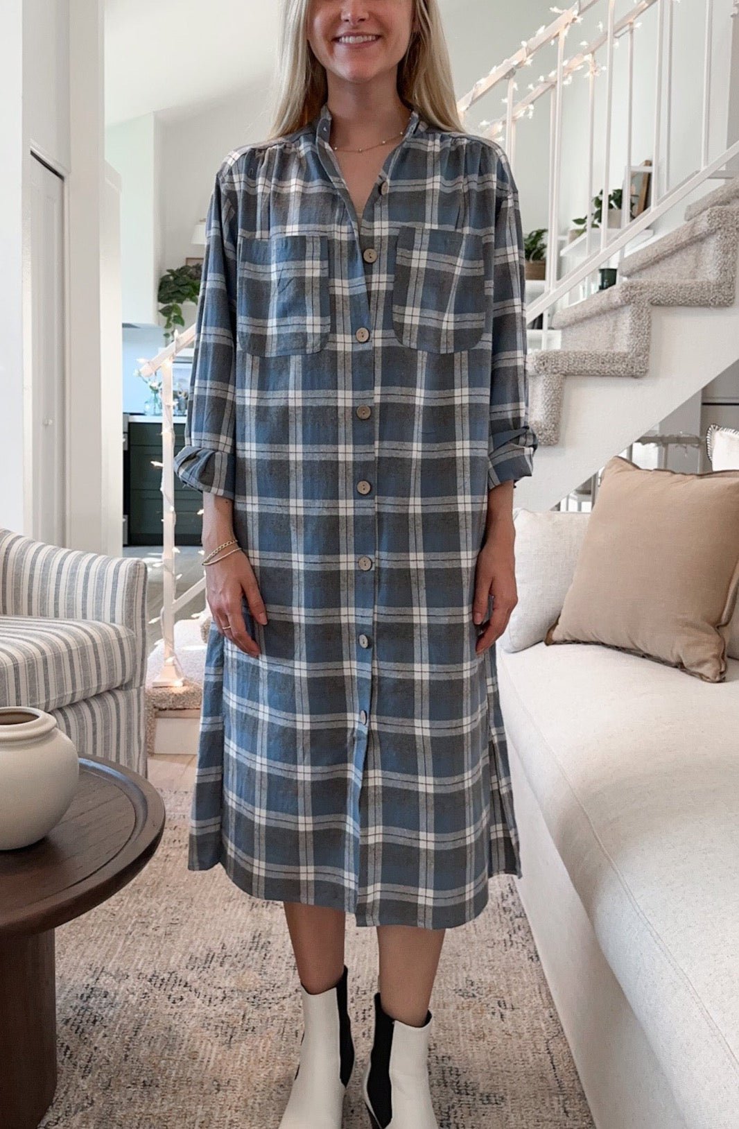 Out West Plaid Button Down Shirt Dress - Neutral Ground