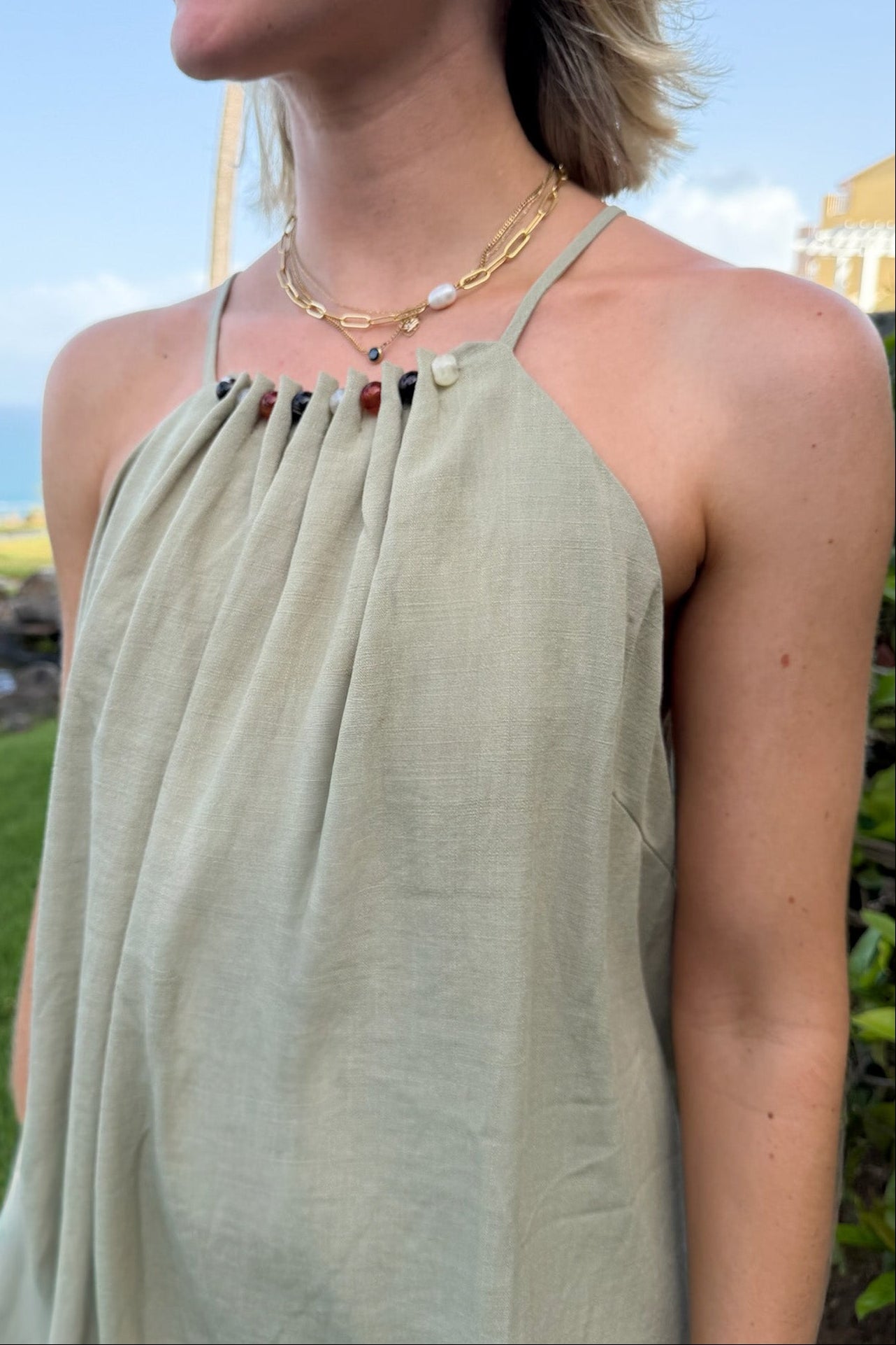 Palomino Beaded Halter Dress in Sage - Neutral Ground