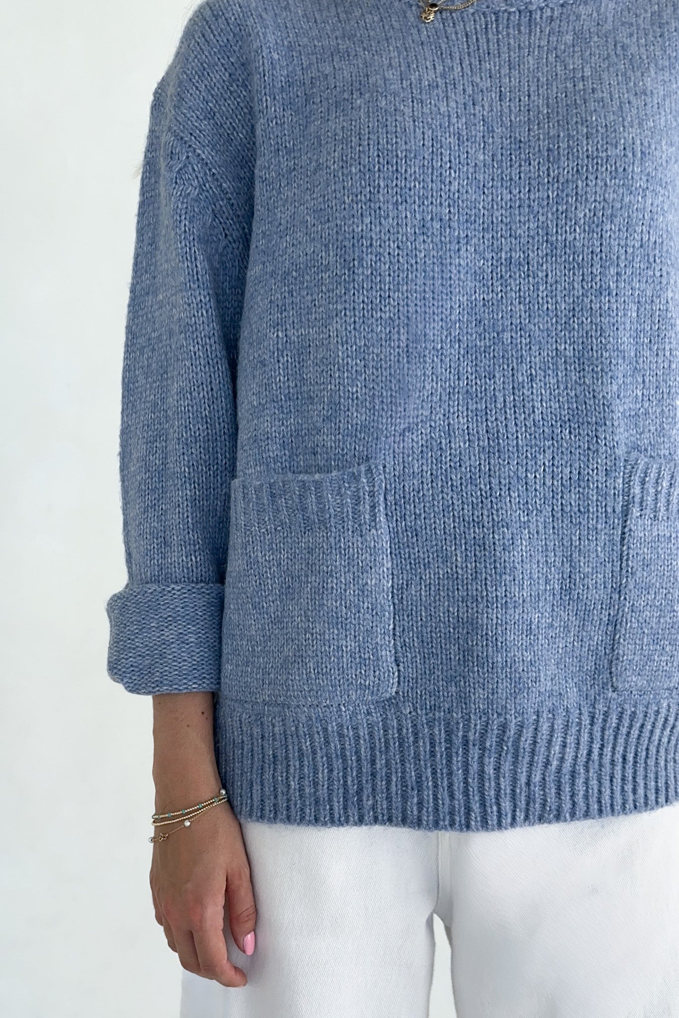 Periwinkle Patch Pocket Knit Sweater Top - Neutral Ground