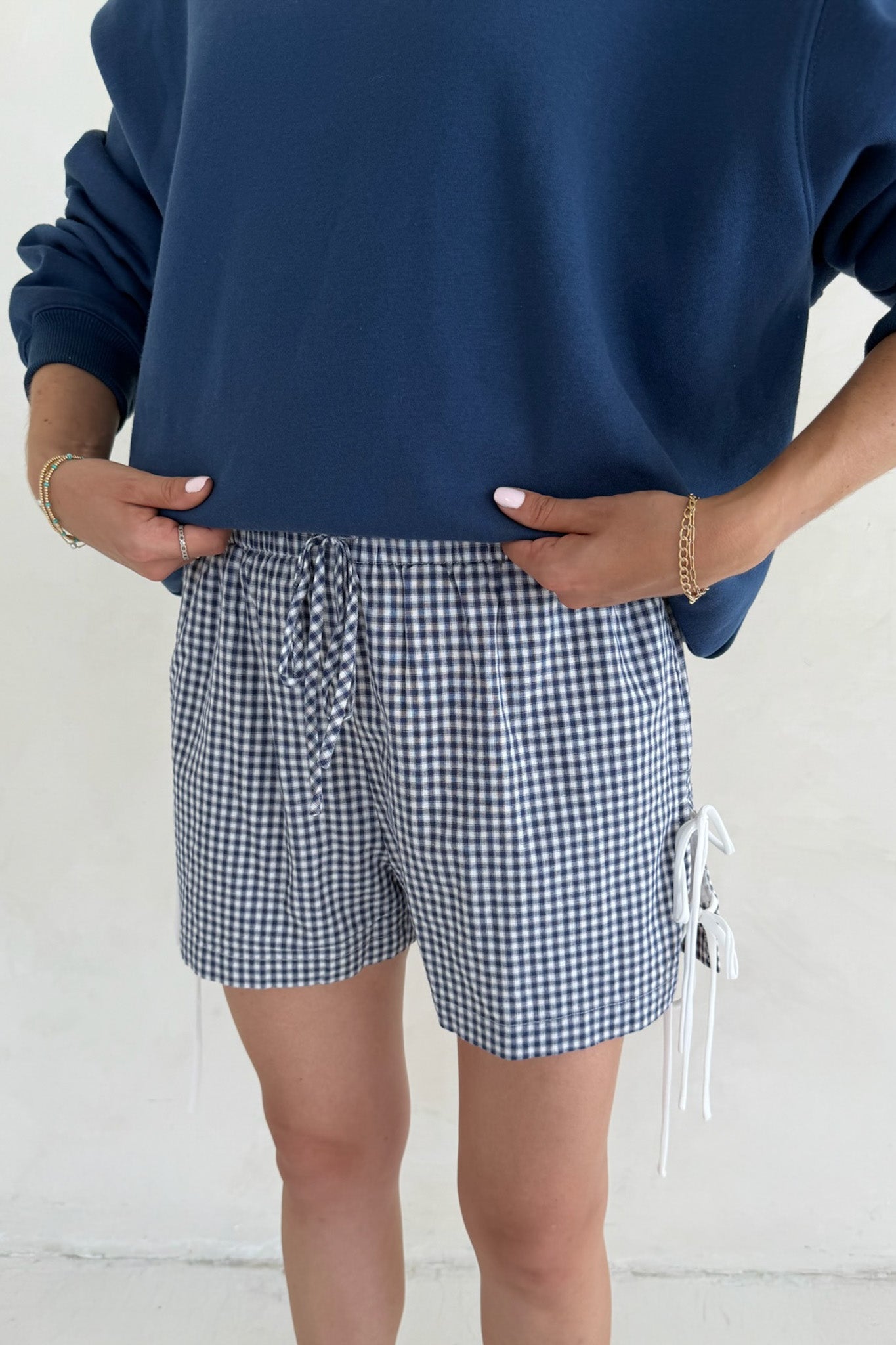 Picnic Gingham Drawstring Side Tie Shorts - Neutral Ground