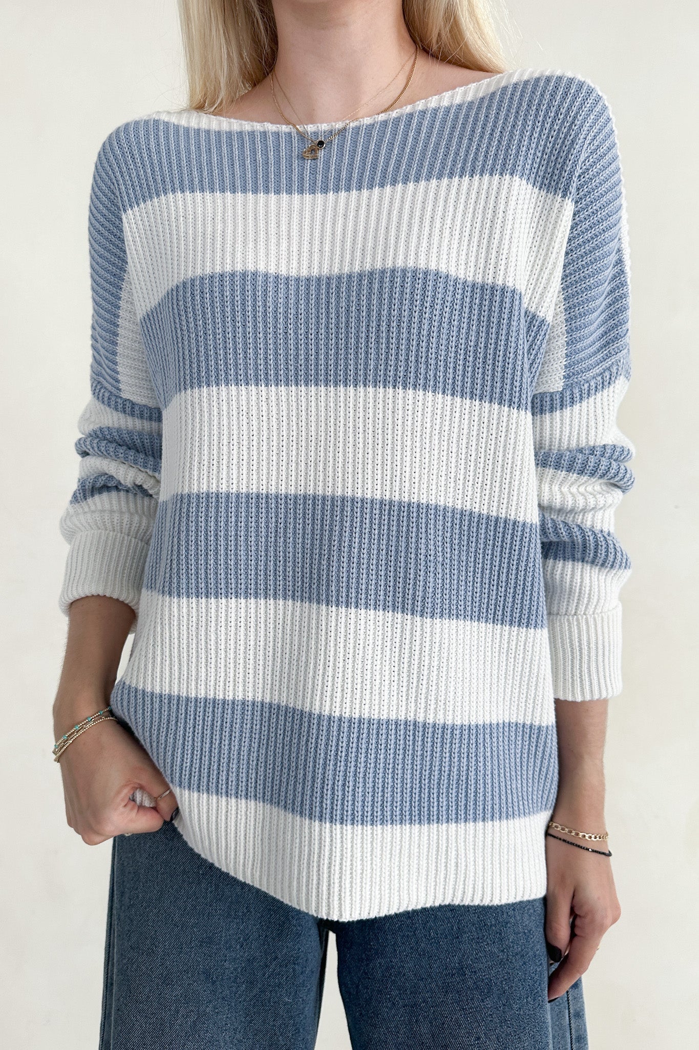 Priscilla Striped Cotton Boat Neck Sweater - Neutral Ground